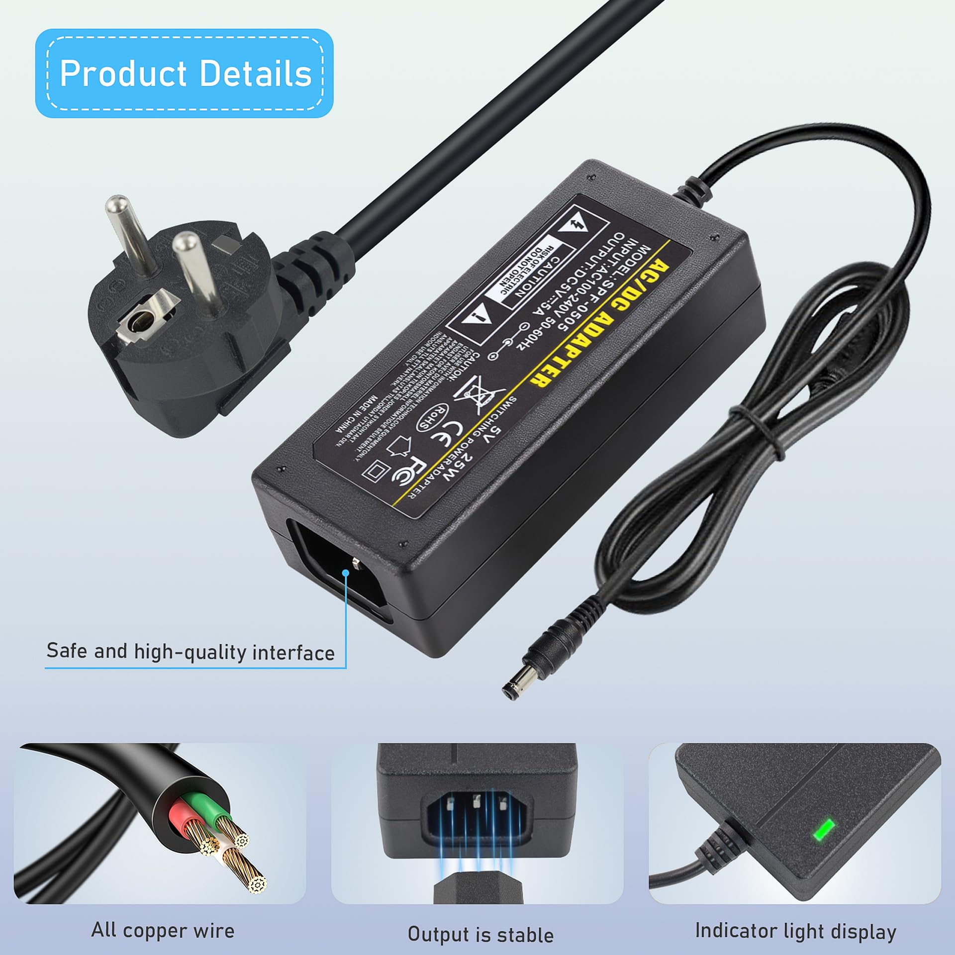 Adapter 5V 5A, zasilacz DC 5 V 25 W o wysokiej intensywności, uniwersalny adapter do taśm LED, monitora LCD, drukarki 3D i innych urządzeń, koncentrator ładowania wielu urządzeń