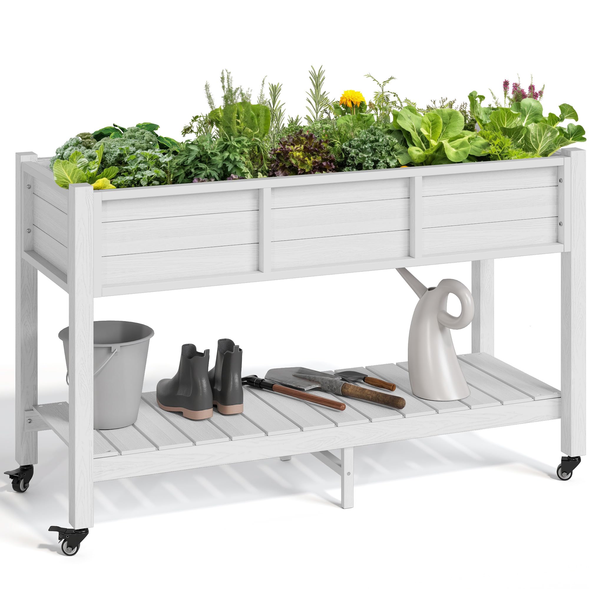 YITAHOME Weather-Resistant 47x18x31 Inch Raised Garden Bed with Lockable Wheels & Storage, White
