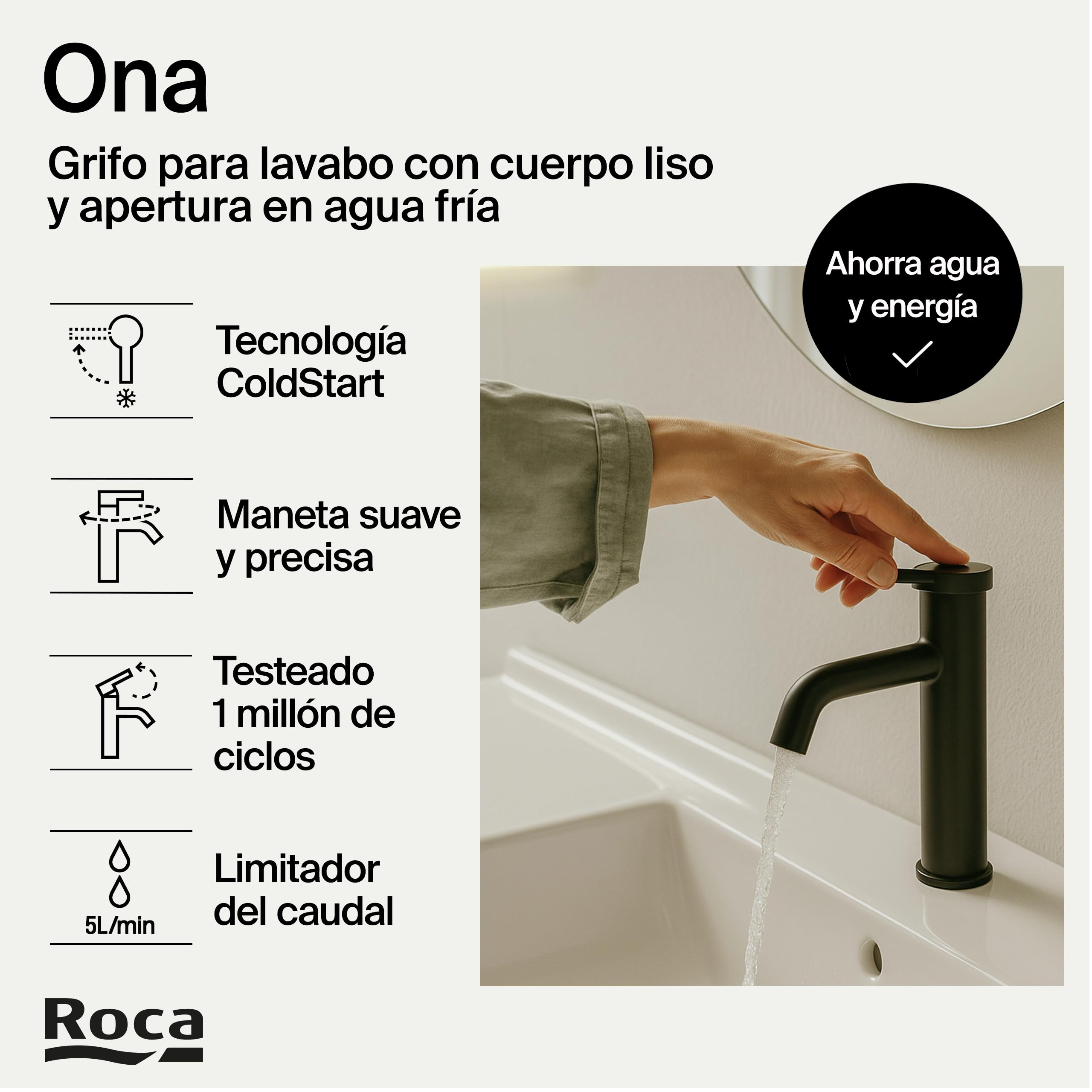 Roca Ona Grifería para lavabo con tecnología Cold Start, grifo monomando con enlaces de alimentación flexibles de fácil instalación, mezclador de baño con desagüe click-clack, negro mate, A5A3A9ENB0