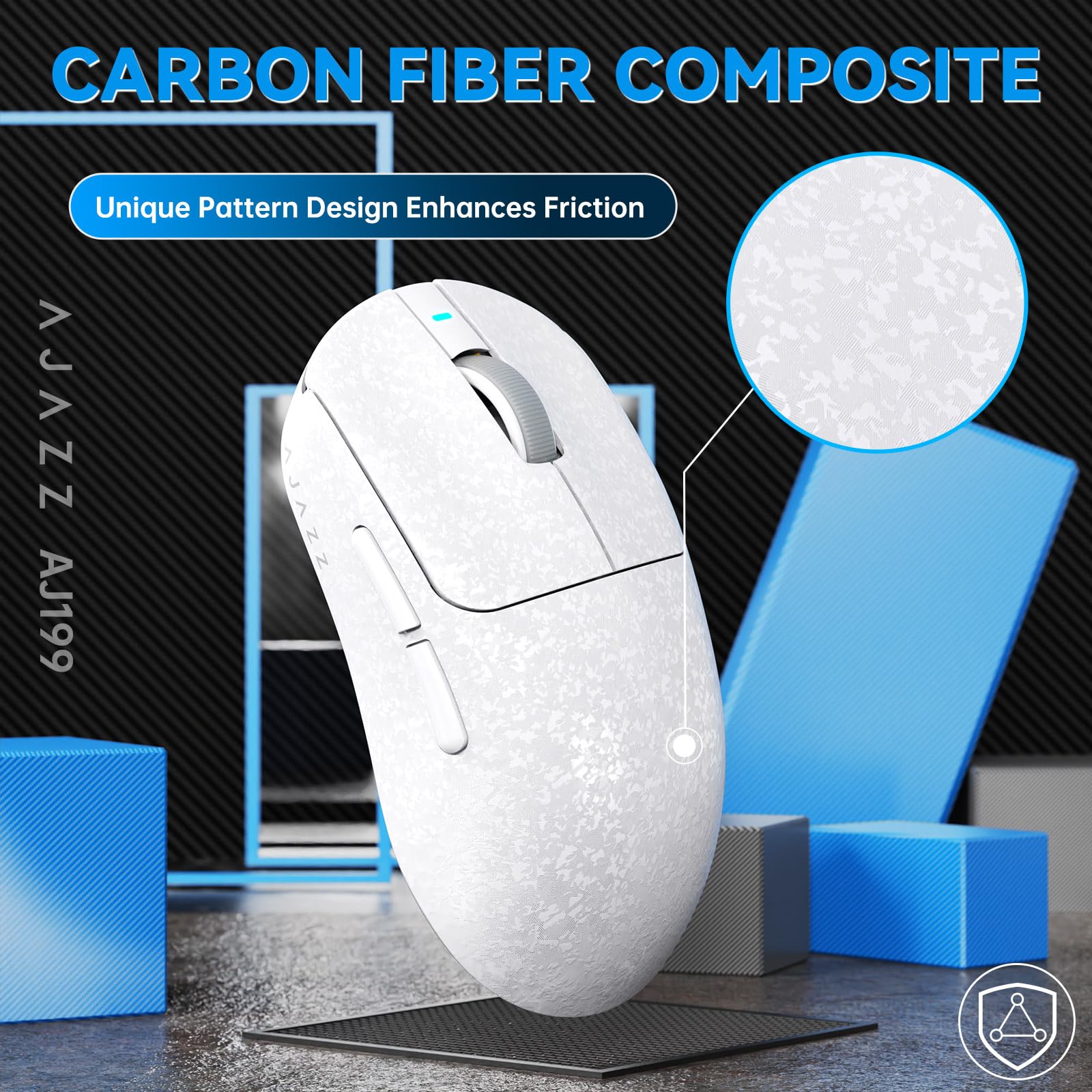 A.JAZZ AJ199 Mouse da Gioco in Fibra Carbonio, Wireless 2.4G/BT/USB Cablato Tri-mode, Ultraleggero 55g, Sensore Ottico PixArt PAW3311 con 24K DPI e Polling 1K, Mice da Gamer per ufficio - Bianco