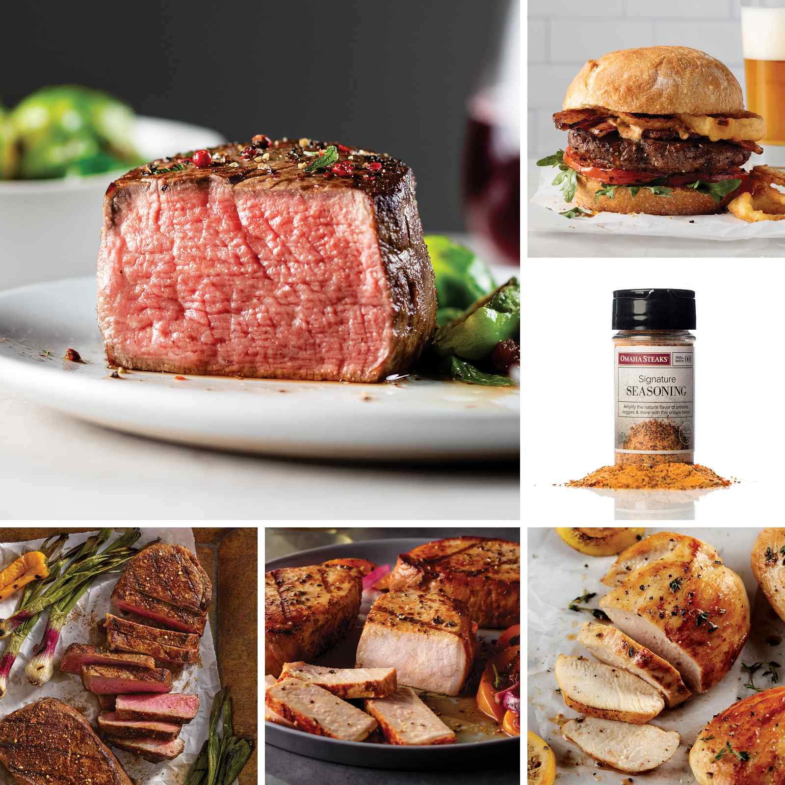 Omaha Steaks Steaks & More Gift Set (Butcher's Cut Filet Mignons, Boneless New York Strips, Boneless Pork Chops, Boneless Chicken Breasts, Omaha Steaks Burgers, and Omaha Steaks Seasoning)