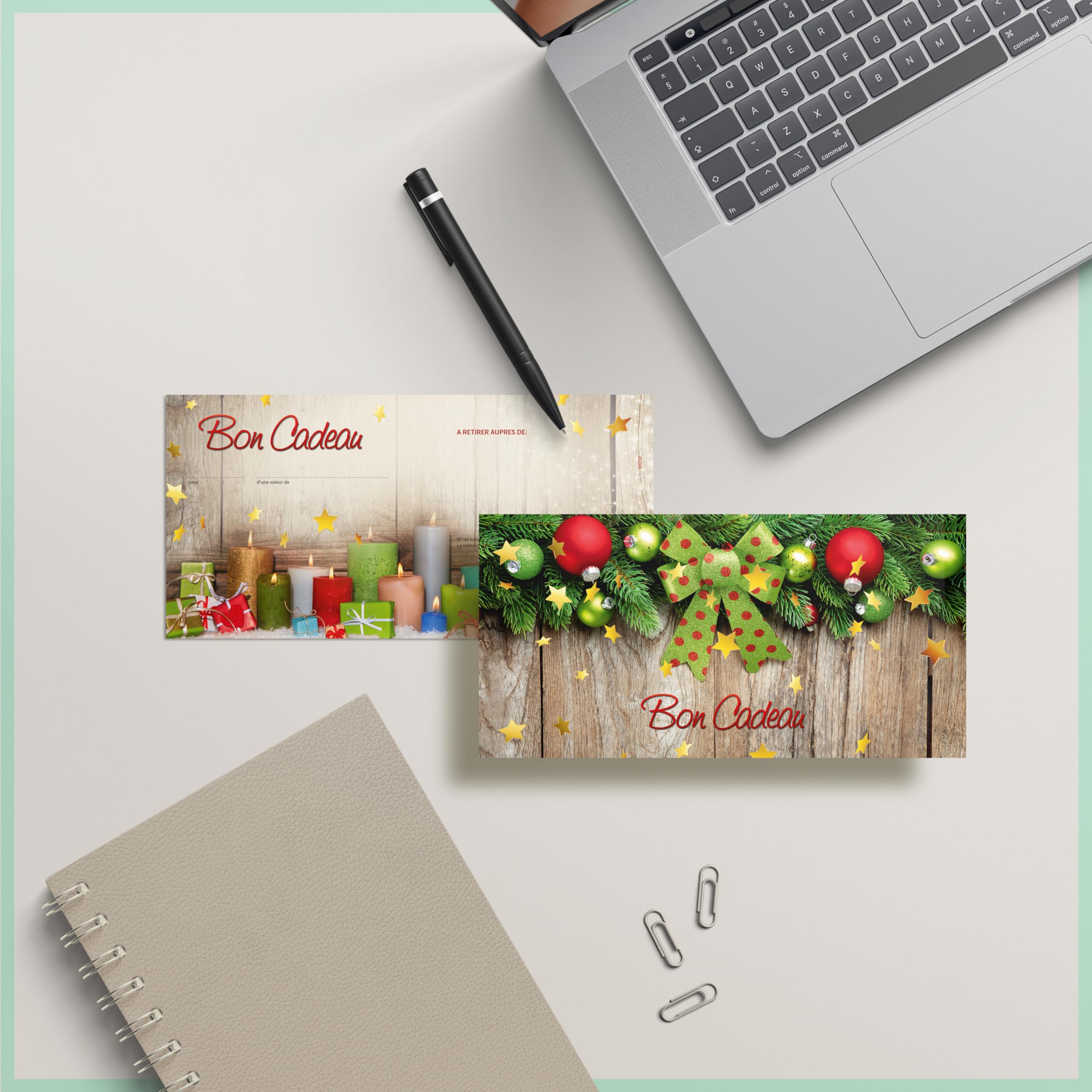 POS BON - 25 formulaires pour créer vos propres bons cadeaux avec enveloppe/nœuds ruban pour Noël X9276F-2-25