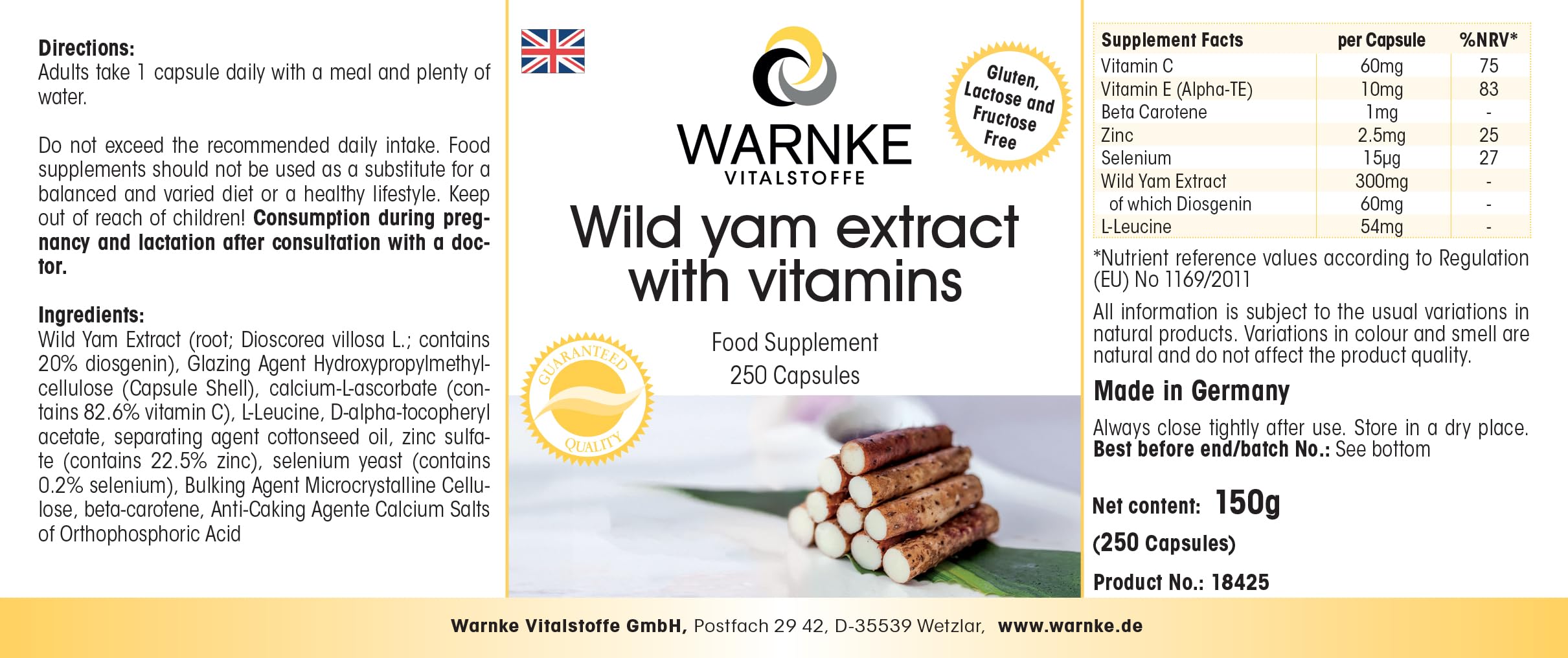 Igname Sauvage - Extrait - 250 gélules- Végétarien - 20% de diosgénine, vitamine C et E bêta-carotine, zinc et sélénium | Warnke Vitalstoffe - Qualité des pharmacies allemandes
