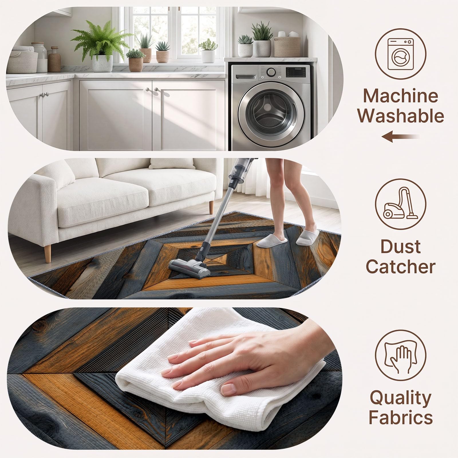 Tapis Salon Rustique Naturel Lavable 120 x 170 cm, Tapis à Poils Courts Motif Veinage du Bois Losanges Géométriques Antidérapant Doux Idéal pour Salle À Manger Chambre d'enfant Bureau