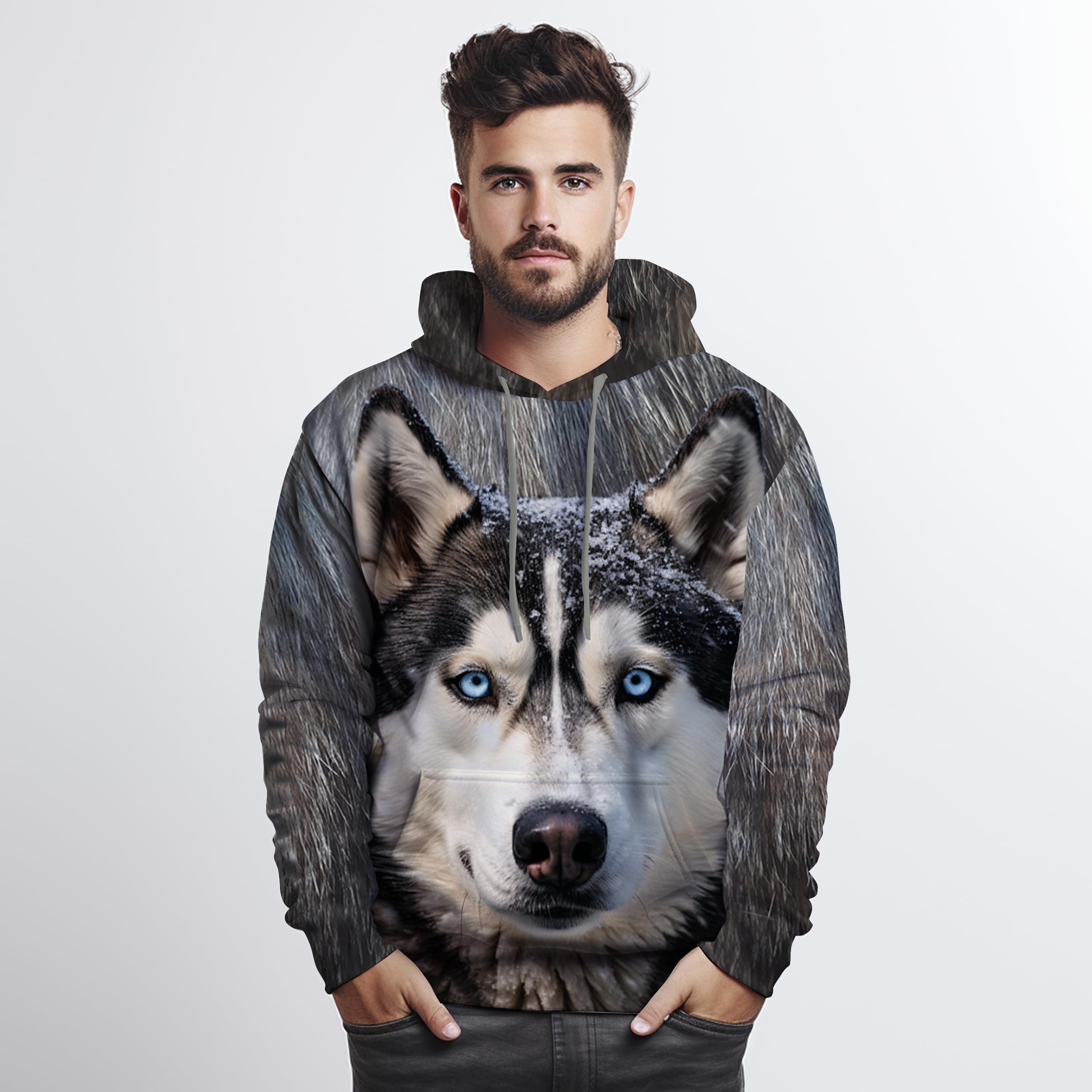 HANZSPROUT Siberian Husky Hoodie, Dog Hoodies For Men Women, Warm 3D Printed Pullover Sweatshirt With Pockets (HN-HD20) Size2XL