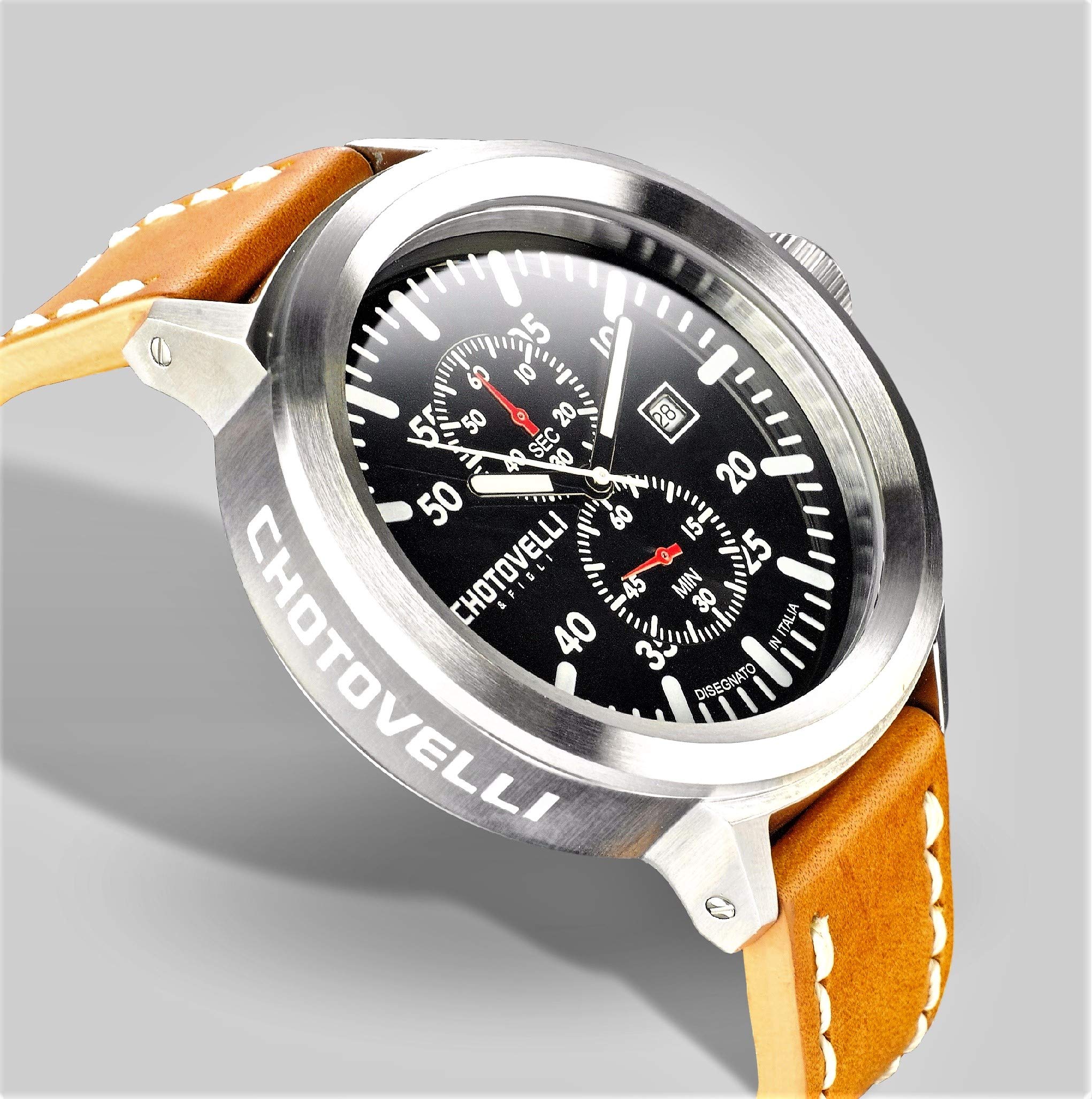 Chotovelli męski, duży zegarek, zegarek pilota 747, szafirowe szkło vintage, skórzany pasek pasek X-Large Chronograph 1