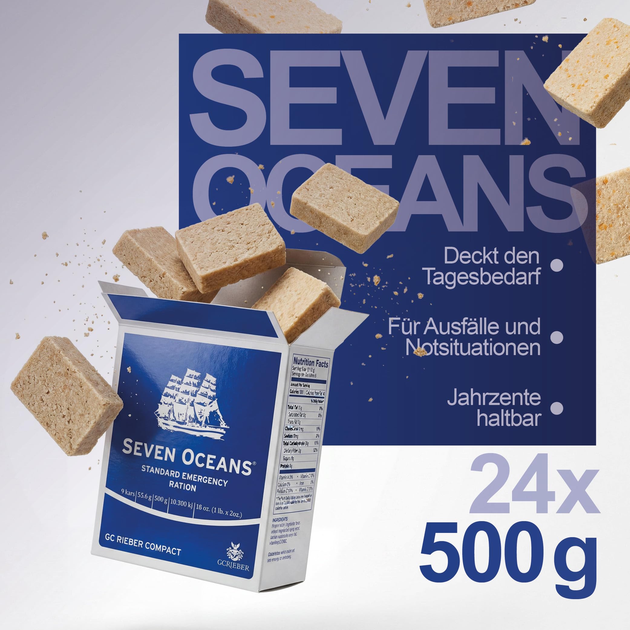 Notfallnahrung Vorratspaket: 48x 500g (24 kg Gesamt) – GS-10 & Seven Oceans Mix – Hochkalorische Notration für Krisenvorsorge, Outdoor & Camping – 2 Kartons a 24 Rationen