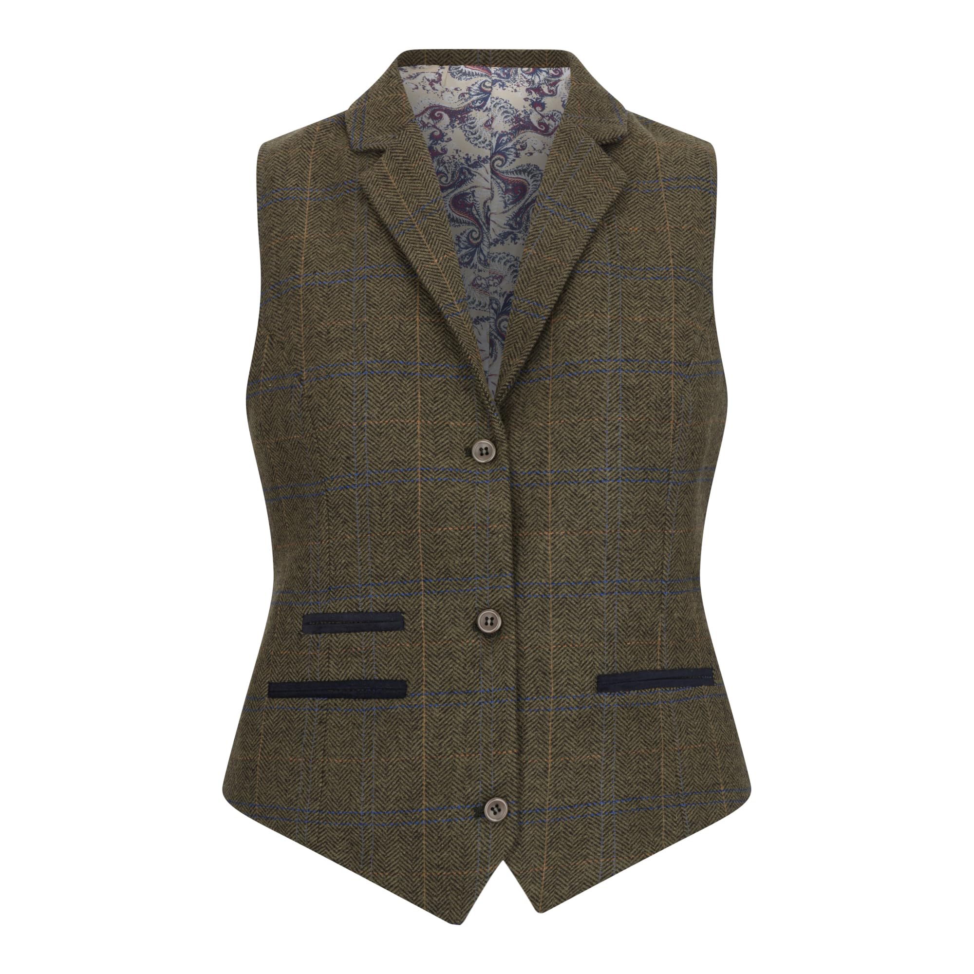 Infinity Leather Women's Olive Tailored Fit Tweed Waistcoat in Herringbone Check