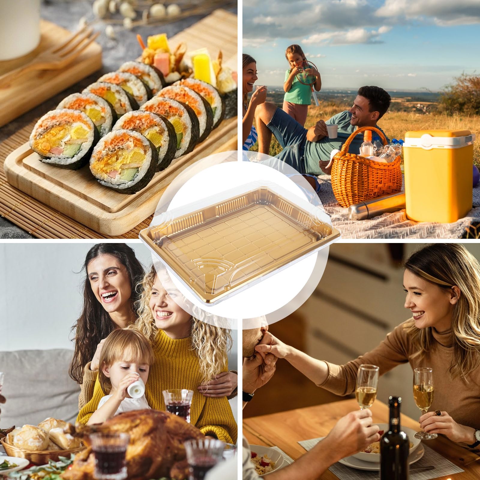 DAJAVE Lot de 25 plateaux à sandwich réutilisables avec couvercles - Petits plateaux dorés pour friandises sucrées, aliments de fête (25,5 x 18,5 x