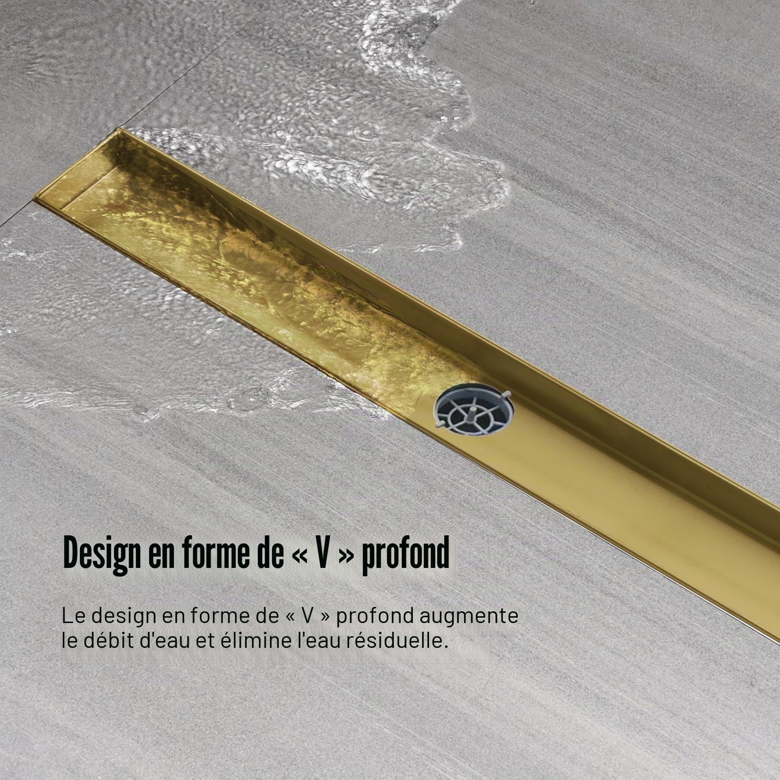 Caniveau de Douche Plat 50cm,Doré,Drainage Rapide,avec Siphon 360° | Caniveau de Douche avec siphon à bloqueur d'odeurs et filtre à cheveux，Caniveau Douche Extra Plat，Drainage rapide