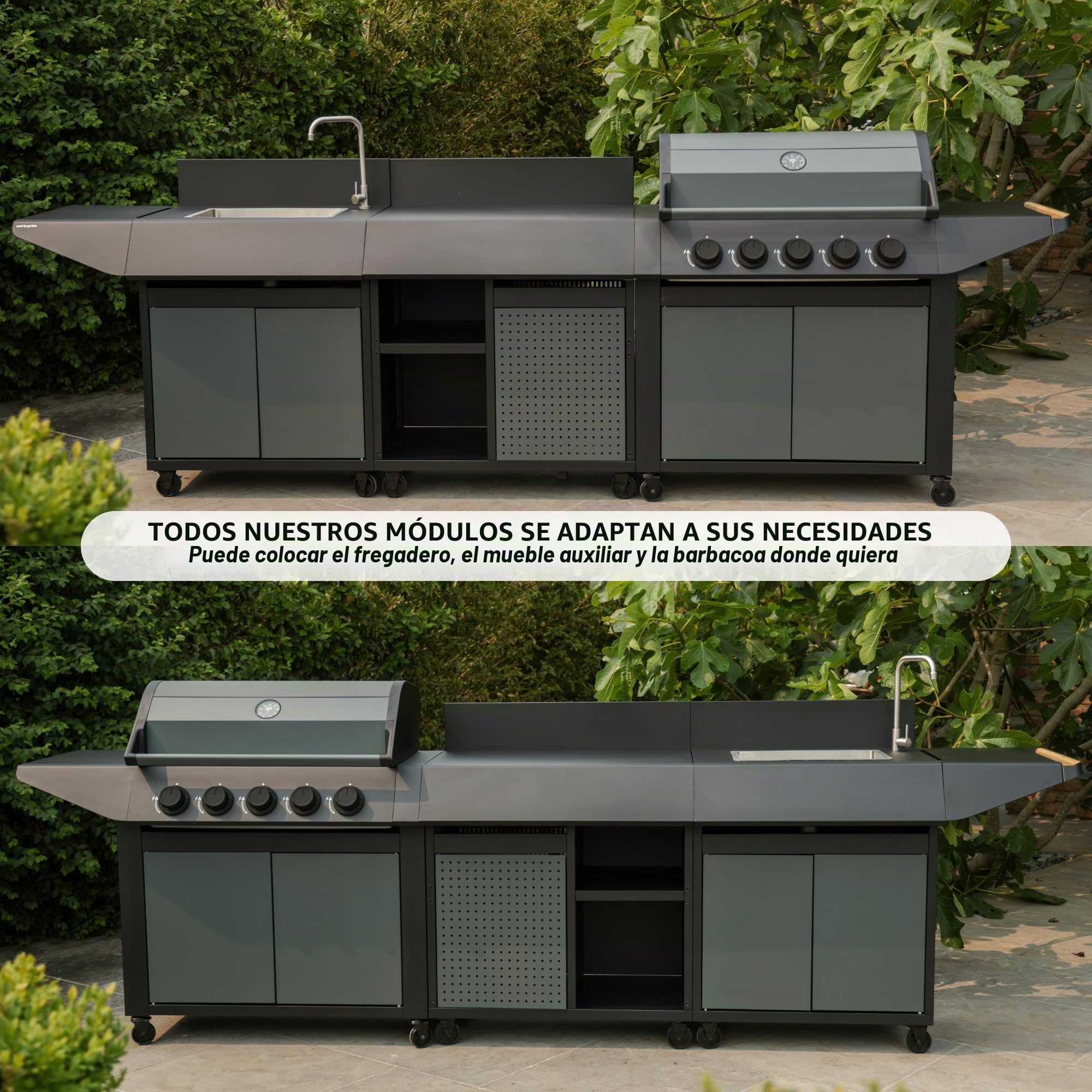 Cook'in Garden - Cocina de Gas para Exterior BURN, Barbacoa con Postre y Fregadero Integrados, 5 Quemadores, Espacio Adicional, Grifo con Salida de Agua, Función de Plancha y Barbacoa