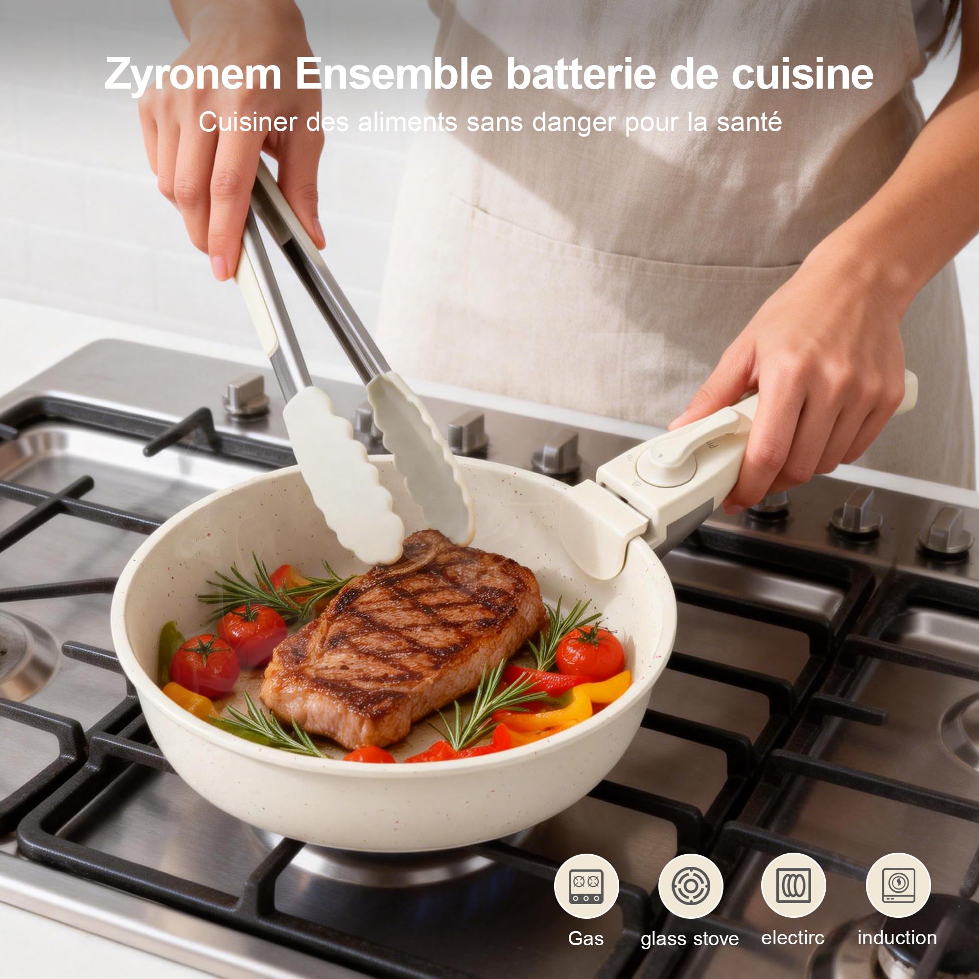 Batterie de Cuisine - Cookware Poêles et Casseroles Antiadhésives en Céramique Induction Tous Feux Lot de 13 Pièces, Poêle 20/26 CM, Sauteuse 26 CM, Casserole 18/20 CM avec Poignée Amovible Zyronem