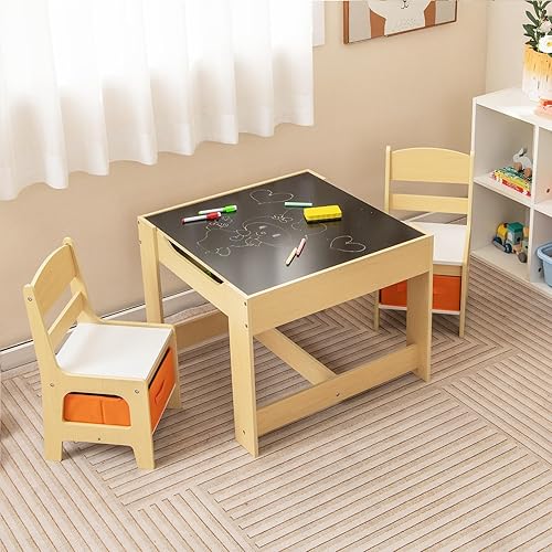 Miniatura 13 de KOTEK Juego de mesa y 2 sillas de madera para niños con pizarra y cajones de almacenamiento, mesa de actividades múltiples para niños para aprender,