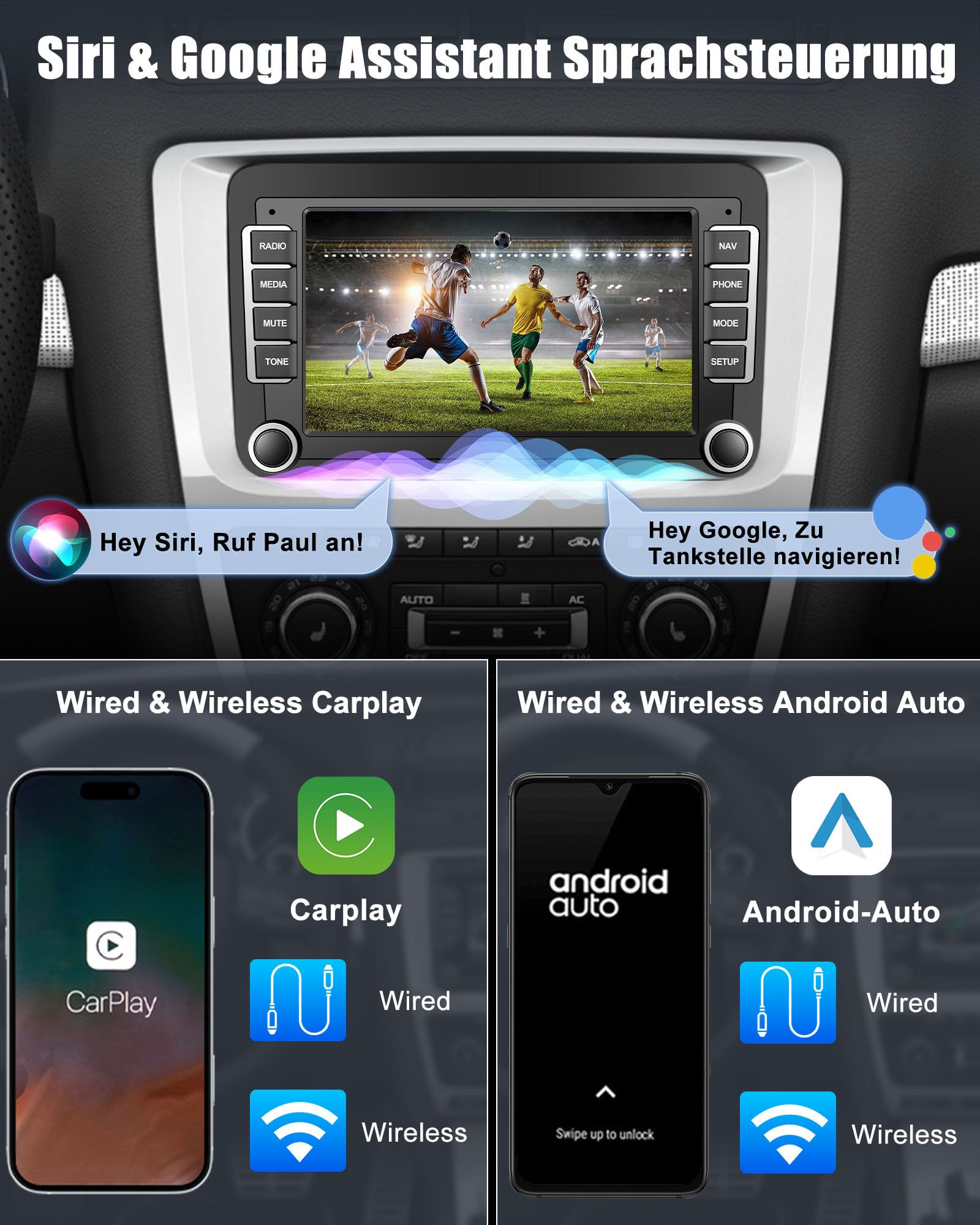 Lehwey Bluetooth Autoradio mit Bildschirm für Golf 5 6 VW Polo T5 Passat Touran Seat mit Navi WLAN FM/AM, Apple Carplay, Android Auto, Lenkrad Strg, 2Din Android 14 Dab Auto Radio Touch Display 7 Zoll