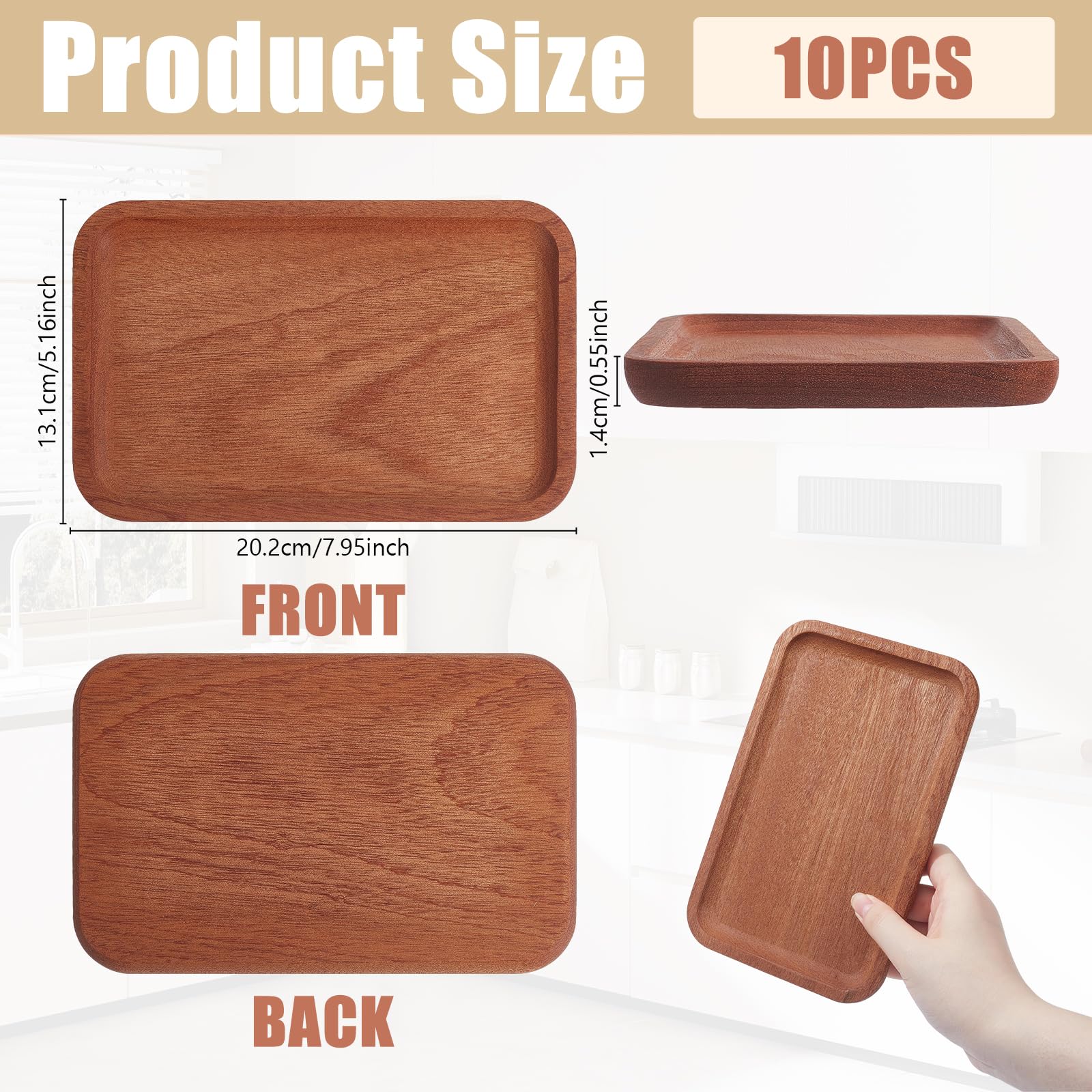 8 bandejas y bandejas de madera maciza, bandeja rectangular para servir con borde, bandeja de madera de 20,2 x 13,1 x 1,4 cm, tabla de charcutería, plato de queso para queso y frutas