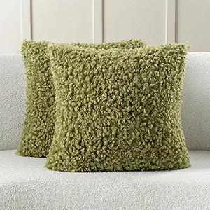 FUTEI Olive Green Decorative Throw Pillow Covers 22x22 Inch Set of 2,Soft Fluffy Faux Wool Fur Boucle Textured Cushion Case,Modern Home Decor for Couch Bed Living Room Office