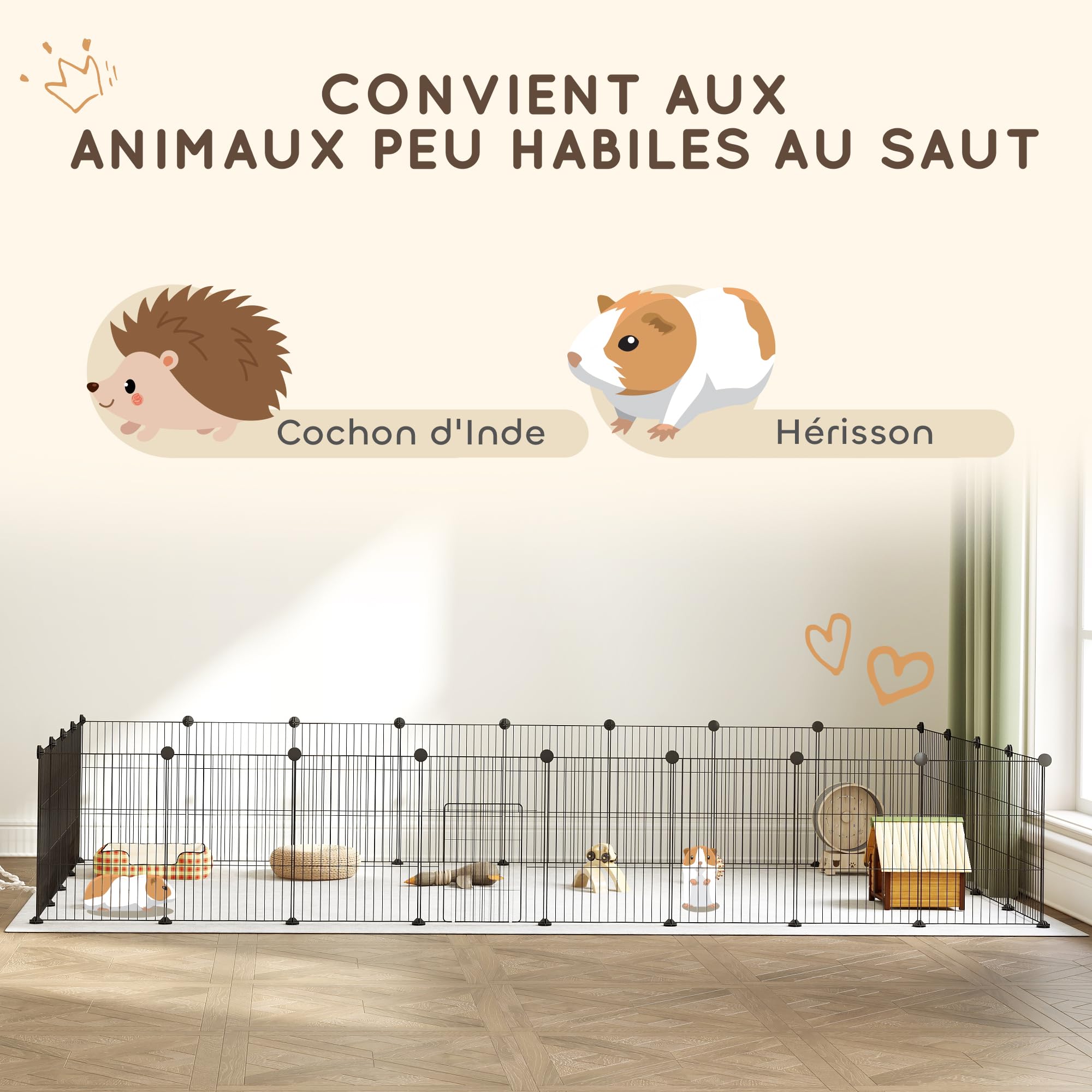 PawHut Enclos pour Animaux, Parc pour Petits Animaux modulable, 24 Panneaux, pour Lapins, cochons d'Inde, hérissons, 40 x 30 cm Chaque grillagé en Acier, 120 x 60 x 80 cm, Noir