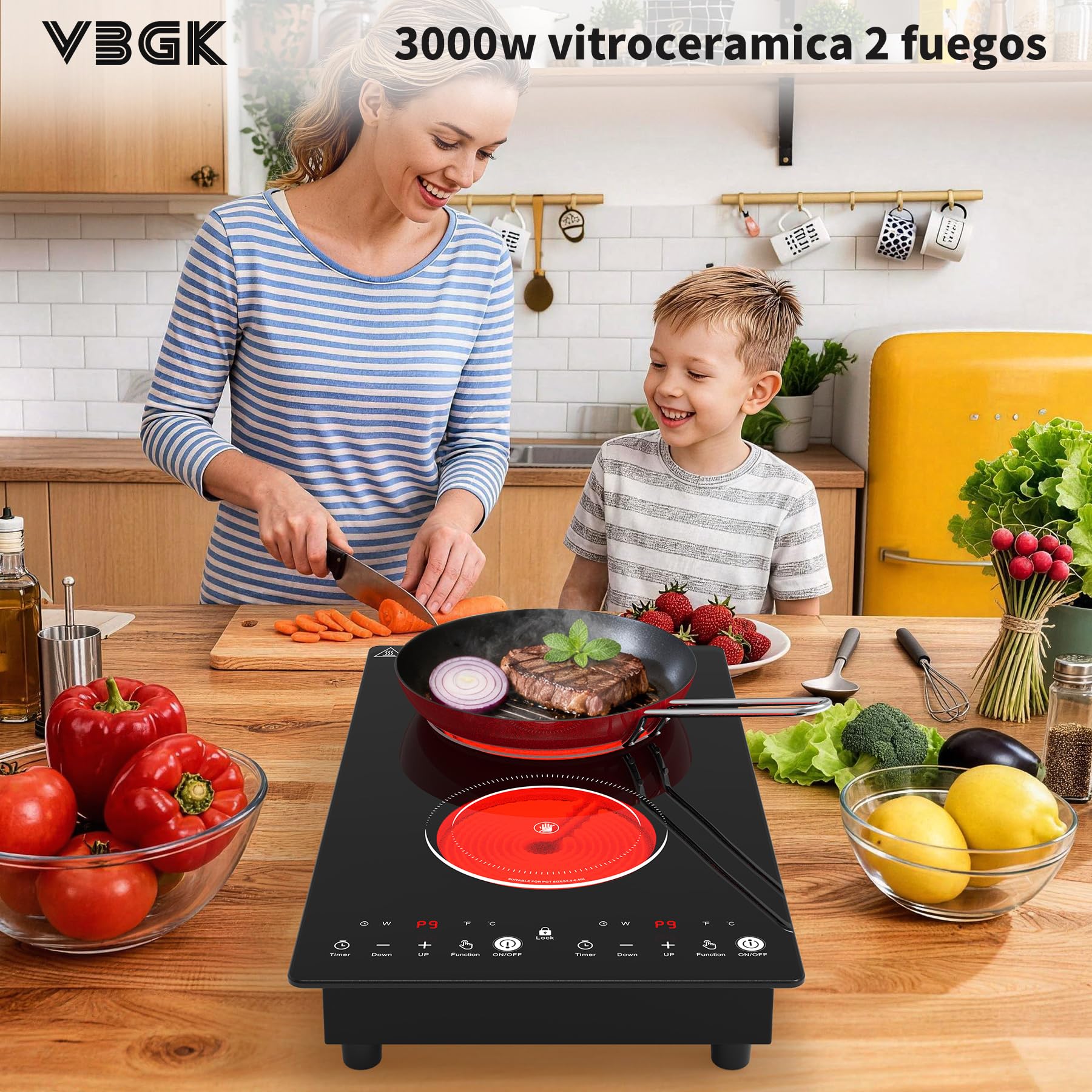 VBGK placa vitroceramica，220V 3000W placa de vitroceramica con control táctil LED, 9 niveles de potencia, bloqueo de seguridad infantil, temporizador de 2 horas.