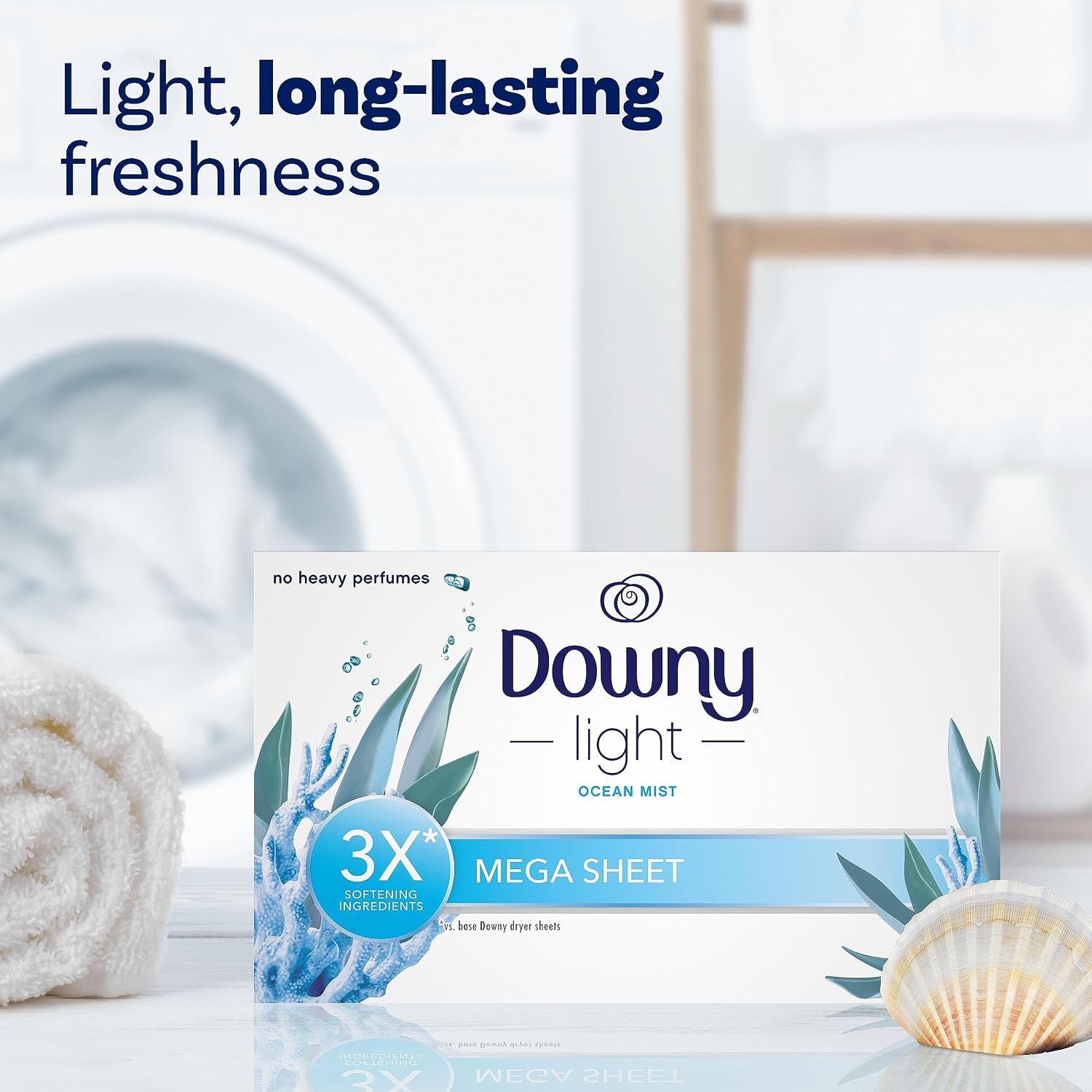 Downy Light Mega Dryer Sheets, Laundry Fabric Softener, Ocean Mist, 130 Count (Pack of 3) image 2