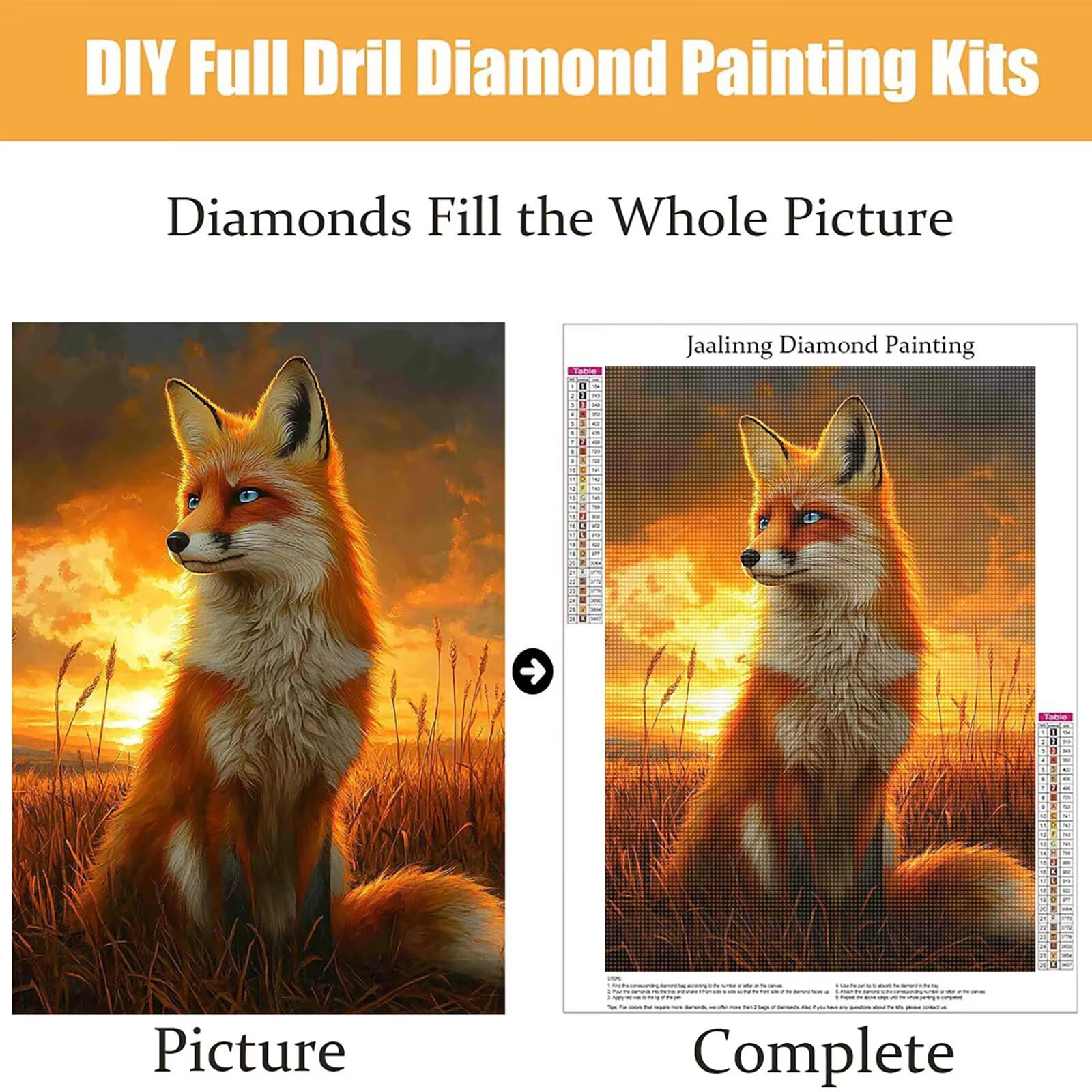 Diamond Painting Kit Completo, Diamond Painting Fox, 5D Quadrato Pittura Diamante Kit Manualidades Adultos DIY Diamantini Crystal Art Disegni Ricamo Punto Croce Artigianale, 60x90cm Tramonto j0-840