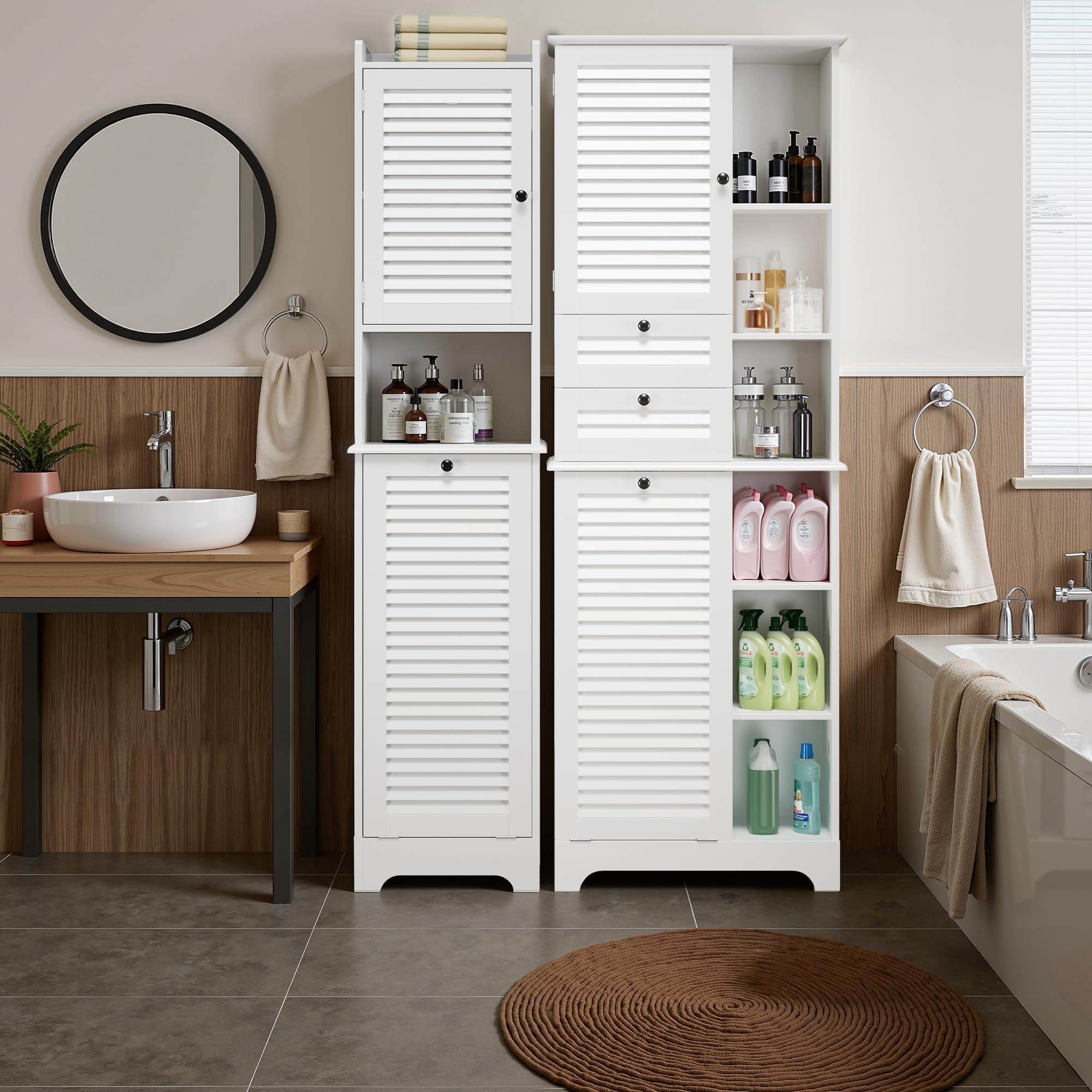 Xbro Mobile Salvaspazio Alto da Bagno con Cesto Portabiancheria, 2 Ante a Lamelle, 2 Cassetti e 8 Ripiani Aperti, Multiuso per Bagno, Cucina e Soggiorno, 60x37x170 cm, Bianco
