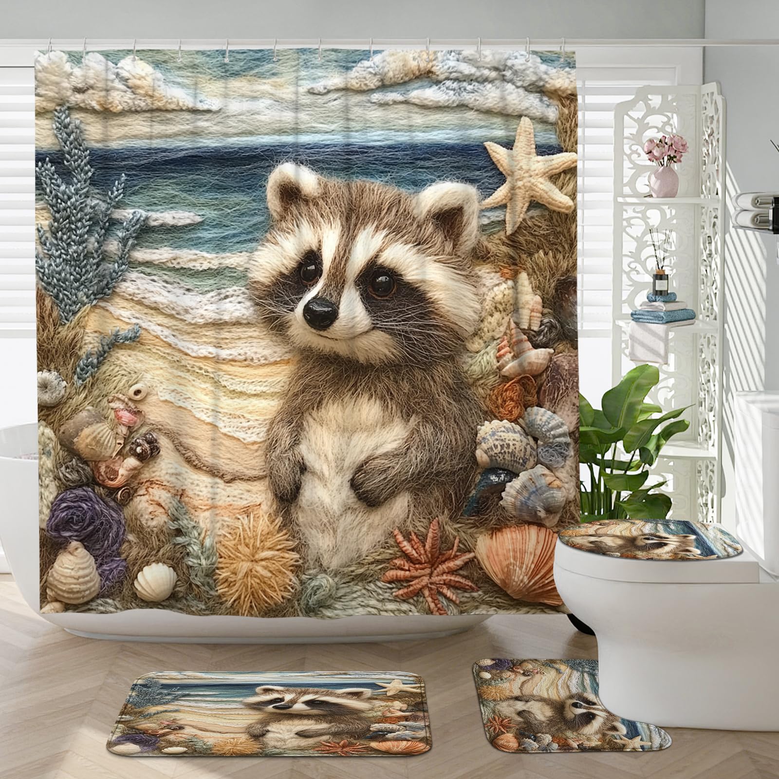 4PCS Funny Raccoon Themed Bathroom Accessory Sets with Non-Slip Rug, U Shape and Toilet Lid Cover Mat, Coastal Beach Seashell Bathroom Fabric Decor-72''x72''