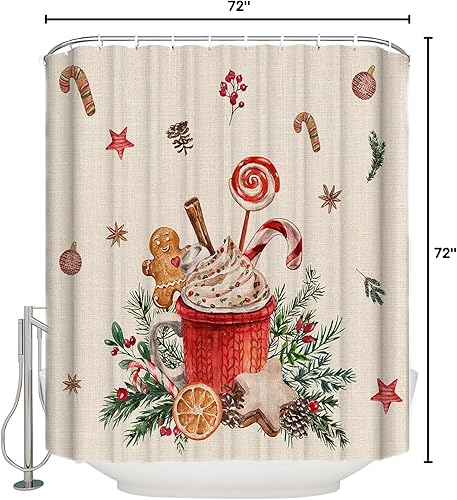 Miniatura 10 de Cortina de ducha navideña para baño, 72 x 72 pulgadas, diseño de hombre de jengibre retro, café, capuchino, cortina de ducha de lino con ganchos,