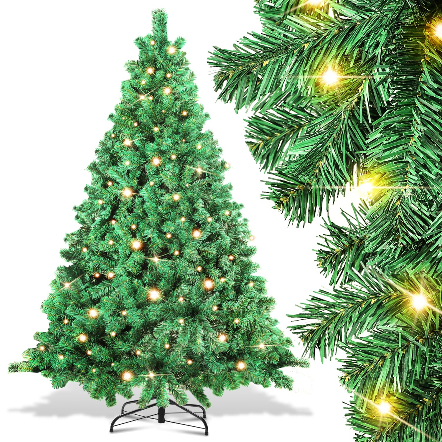Randaco Árbol de Navidad Artificial con iluminación, 180 cm, 860 Puntas con despliegue automático, de PVC, 250 ledes, luz Blanca cálida, Incluye Soporte de Metal, difícilmente inflamable