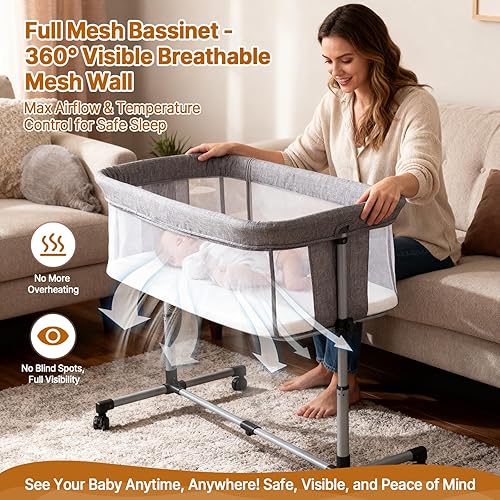 Miniatura 3 de Moisés cama con ruedas, cuna de bebé ajustable de 5 alturas, moisés 3 en 1, malla completa transpirable y colchón, cama estable y segura para recién