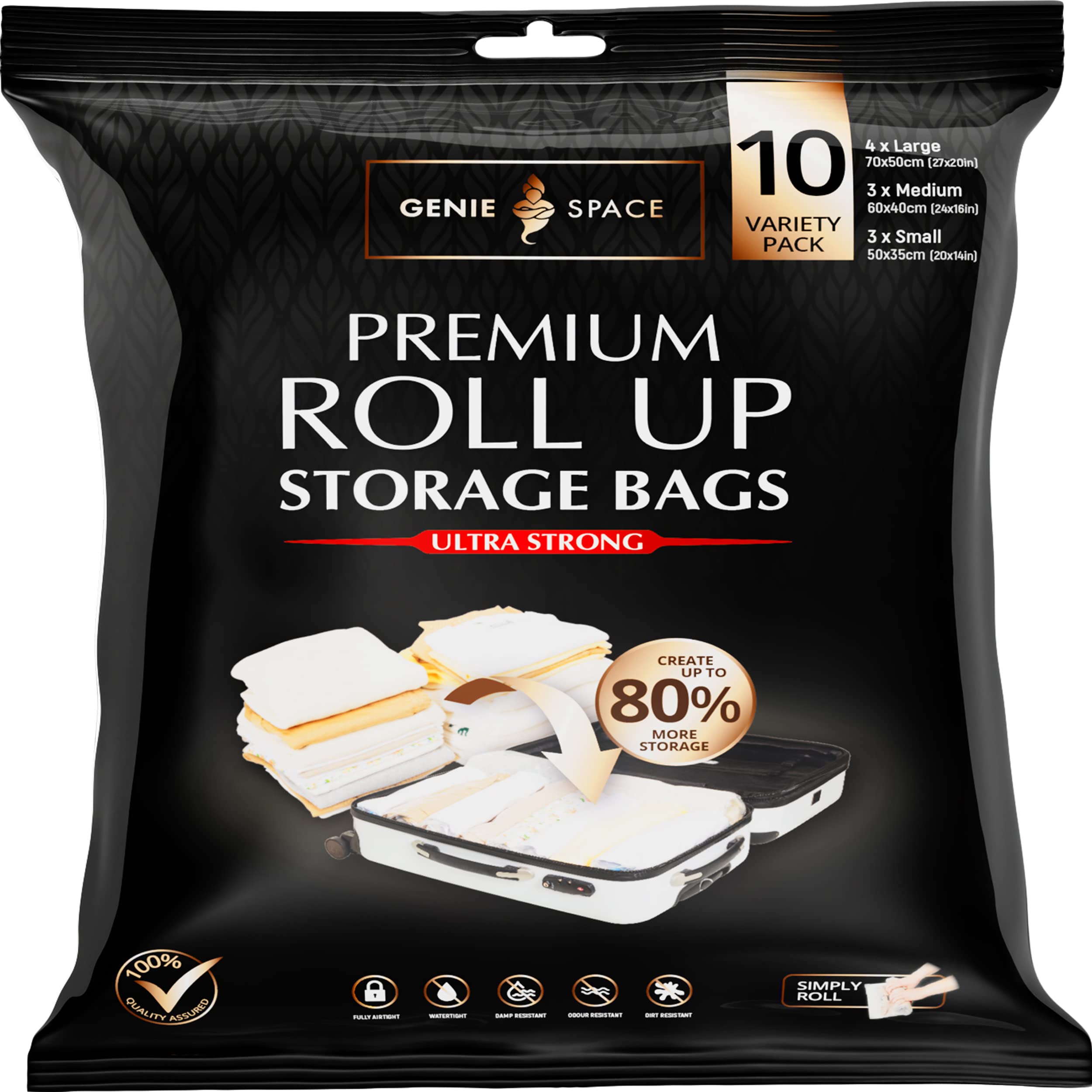 GENIE SPACE Roll Storage Bags - Variety Pack of 10 | 4 Large, 3 Medium & 3 Small | No Pump or Vacuum Strong & Premium Roll-Up Bags | 80% More Home Wardrobe Space & Perfect for Travel Suitcase Packing