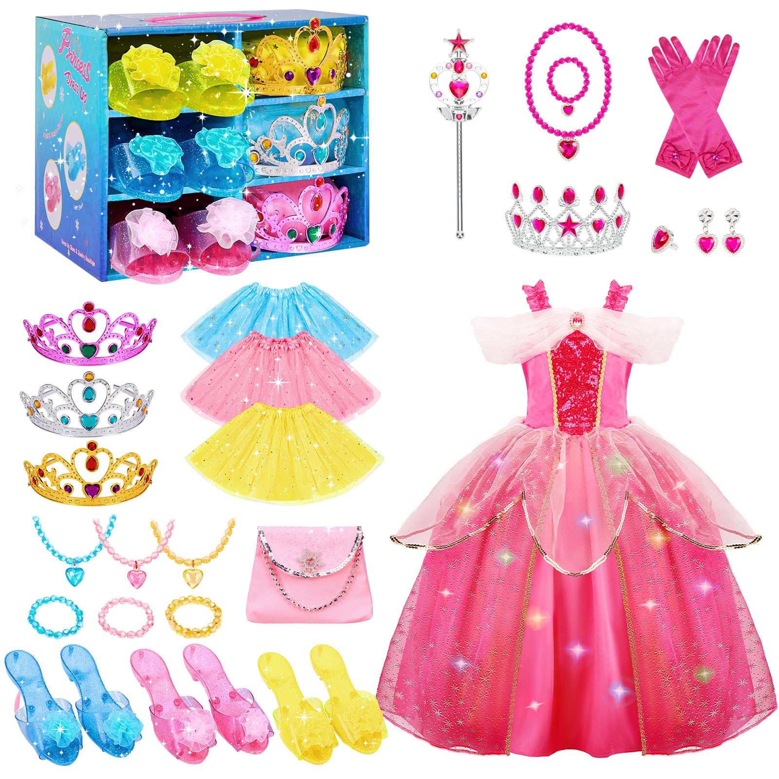 Meland Princess Dress Up Trunk with Light Up Princess Dress for Girls Pretend Play