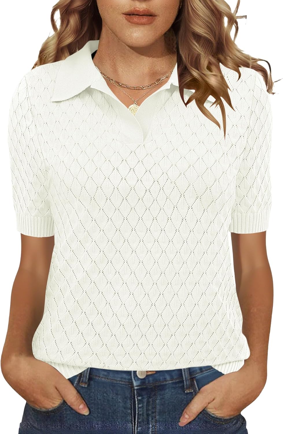 Rapbin Womens Short Sleeve Polo Sweater Knit Collared Pollover Summer V Neck Business Casual Tops