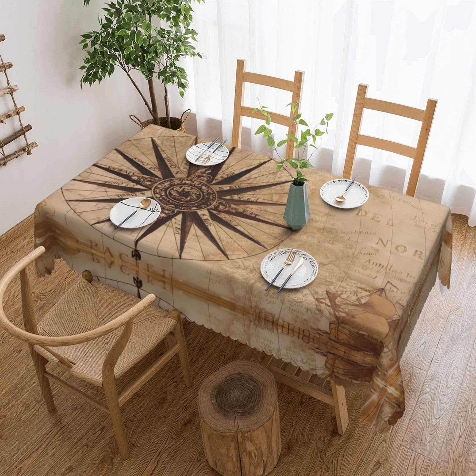 QAZWZML Compass Map Nautical Printed tablecloth, made of thick polyester with lace trim, suitable for dining rooms, picnics, and weddings