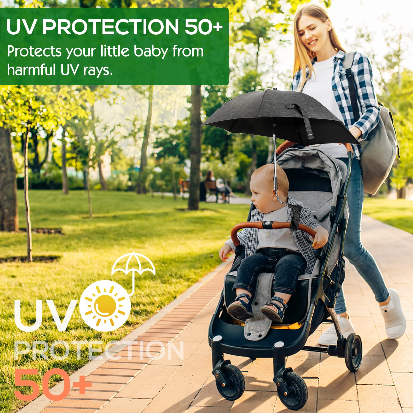 Ombrellino Parasole Universale, Ombrellino per Passeggino e Carrozzina, Protezione Anti UV 50+, Diametro 78 cm, con Supporto Universale, Fissaggio per Tubo Rotondo o Ovale, Nero