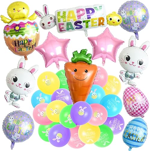 33 globos de Pascua feliz globos de conejo de Pascua globos de papel de aluminio de conejo grande en forma de zanahoria globos de papel de aluminio