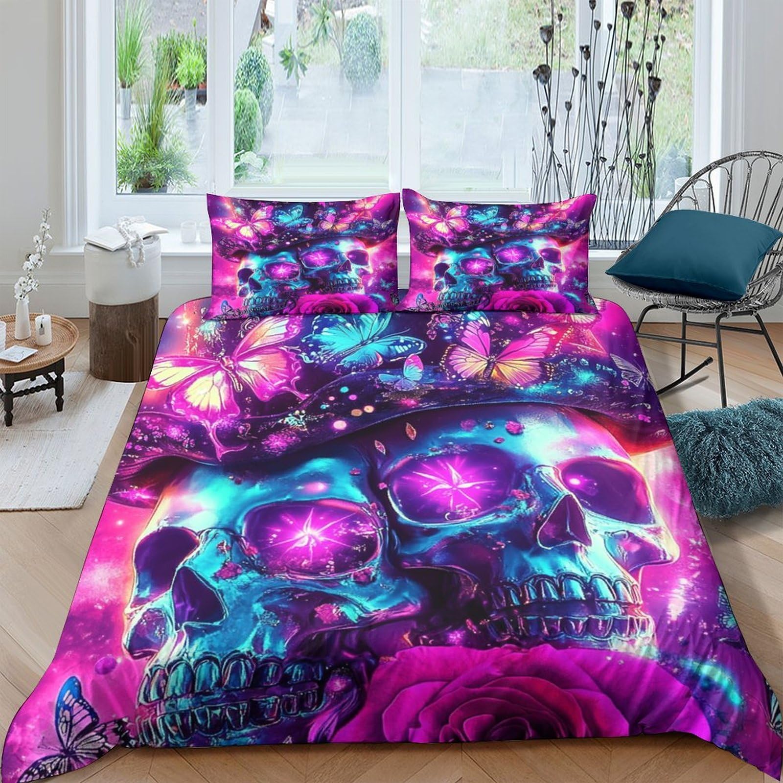 Ctjqhvkz Style-3 3D Printed Neon Skull Fitted Sheet Microfiber Soft Breathable Psychedelic Bed Cover For Bedroom Dorm Decor Single（135X200cm）