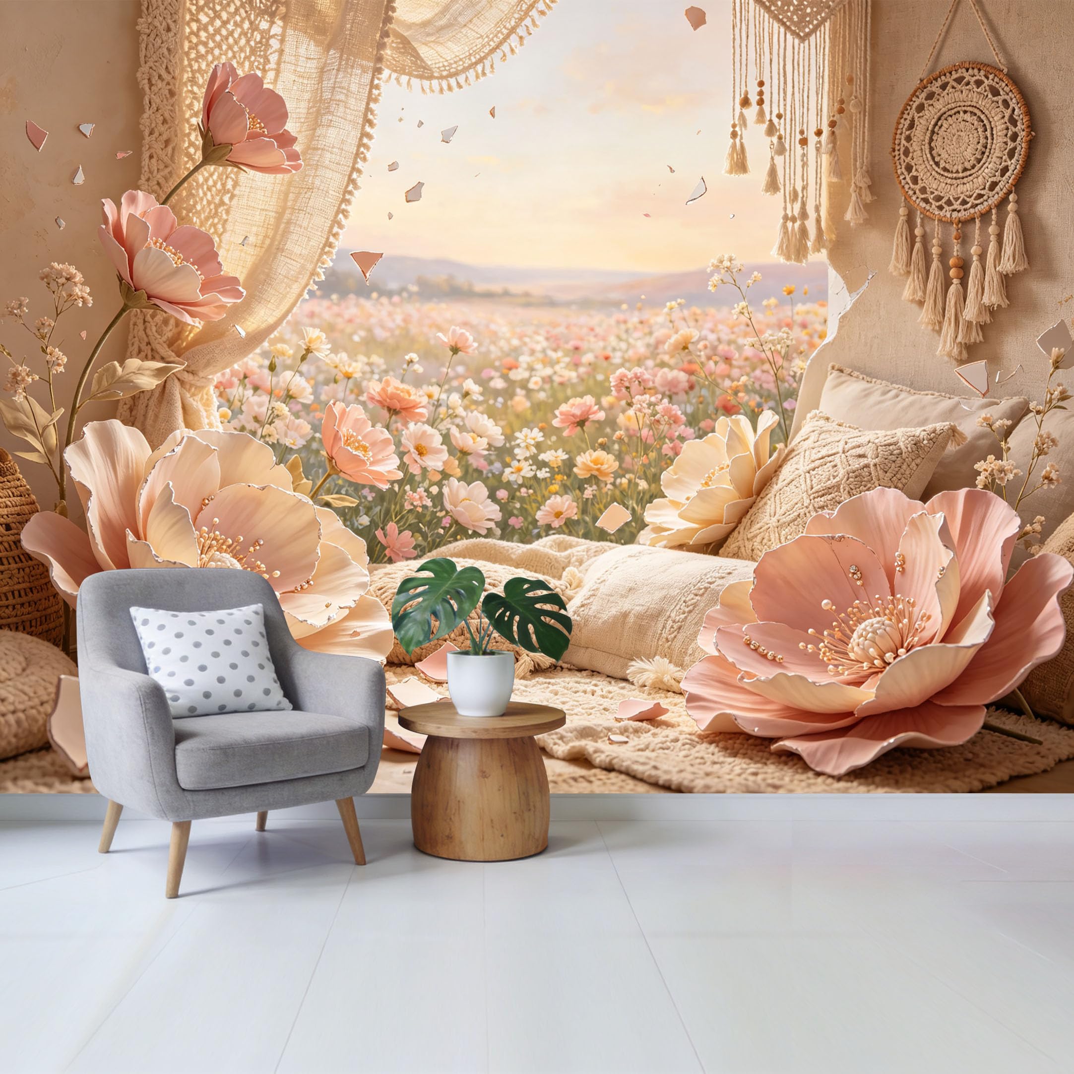 Qzlithotic Yq2605250638 Custom Size Wall Mural Bohemian Peony Flower Field Sunset Scenery Watercolor Texture Selfadhesive Wall Fabric Removable Wallpaper For Home Office Decor