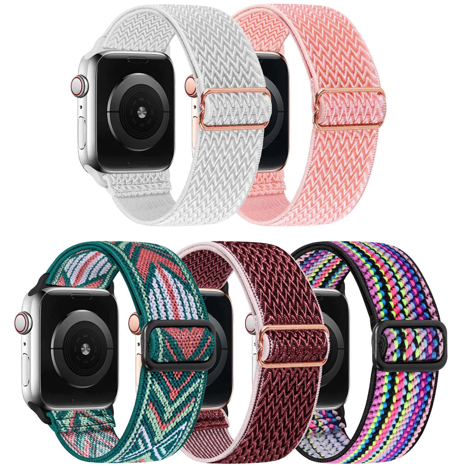 ShuYo 5 PACK Nylon Elastic Band Compatible with Apple Watch Bands 38MM 40MM 41MM 42MM 44MM 45MM for Women Men,Bold Adjustment Buckle iWatch Band for Series 8/7/6/5/4/3/2/1/SE