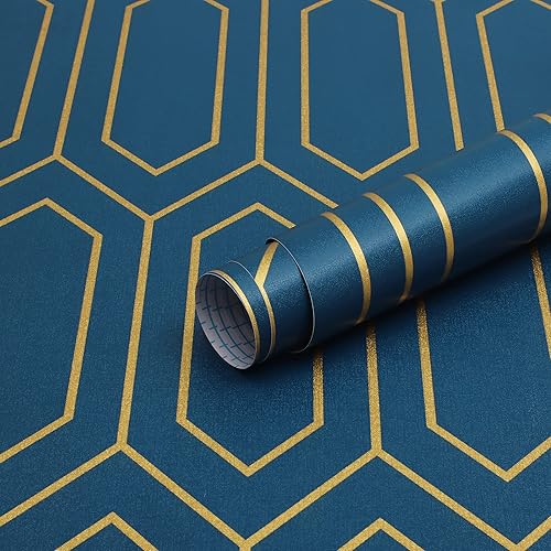 Safiyya Contact Paper Gold and Blue Wallpaper Geometric Contact Paper Textured Wallpaper Self Adhesive Removable Wallpaper for Walls Vinyl Roll 78.7"x17.3"
