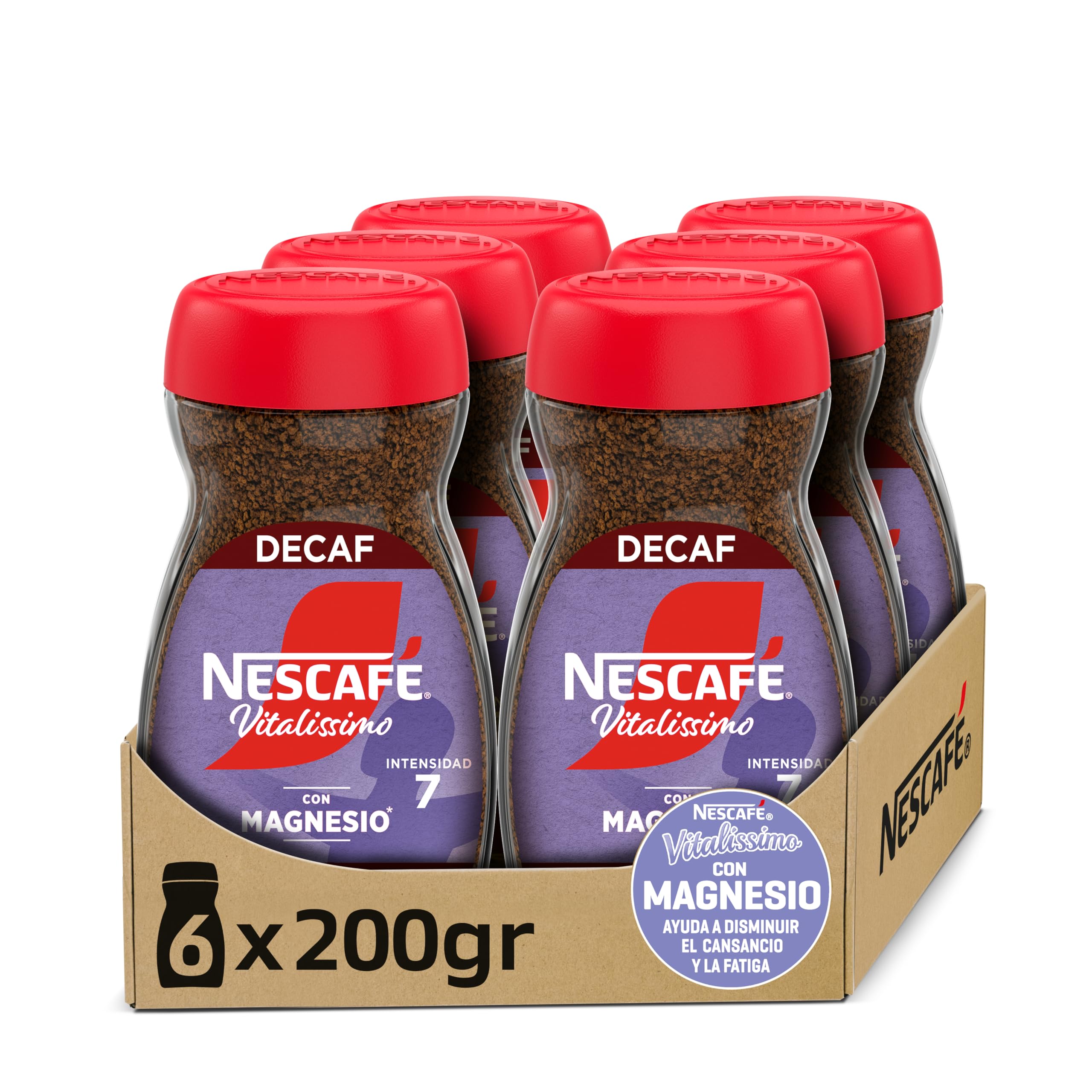 NESCAFÉ VITALISSIMO DESCAFEINADO con magnesio, café soluble descafeinado, frasco de vidrio, Pack de 6 x 200 g