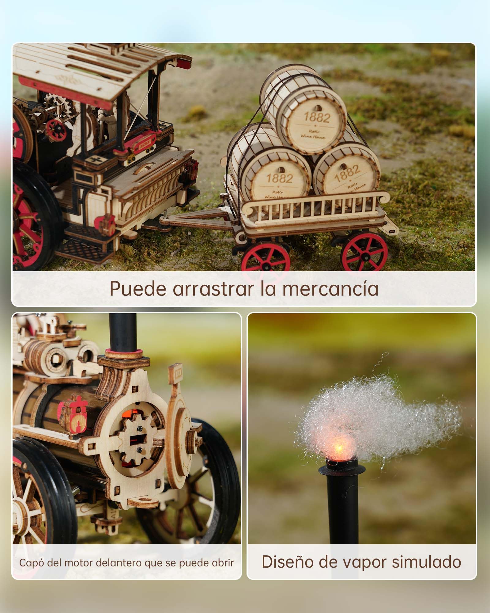 ROKR Puzzle 3D Madera Auto Maquetas para Construir Adultos, Kits de Modelos de Locomotoras de Vapor, Puzzle de madera para coche, 469 piezas, Steam Locomotive, LKA01