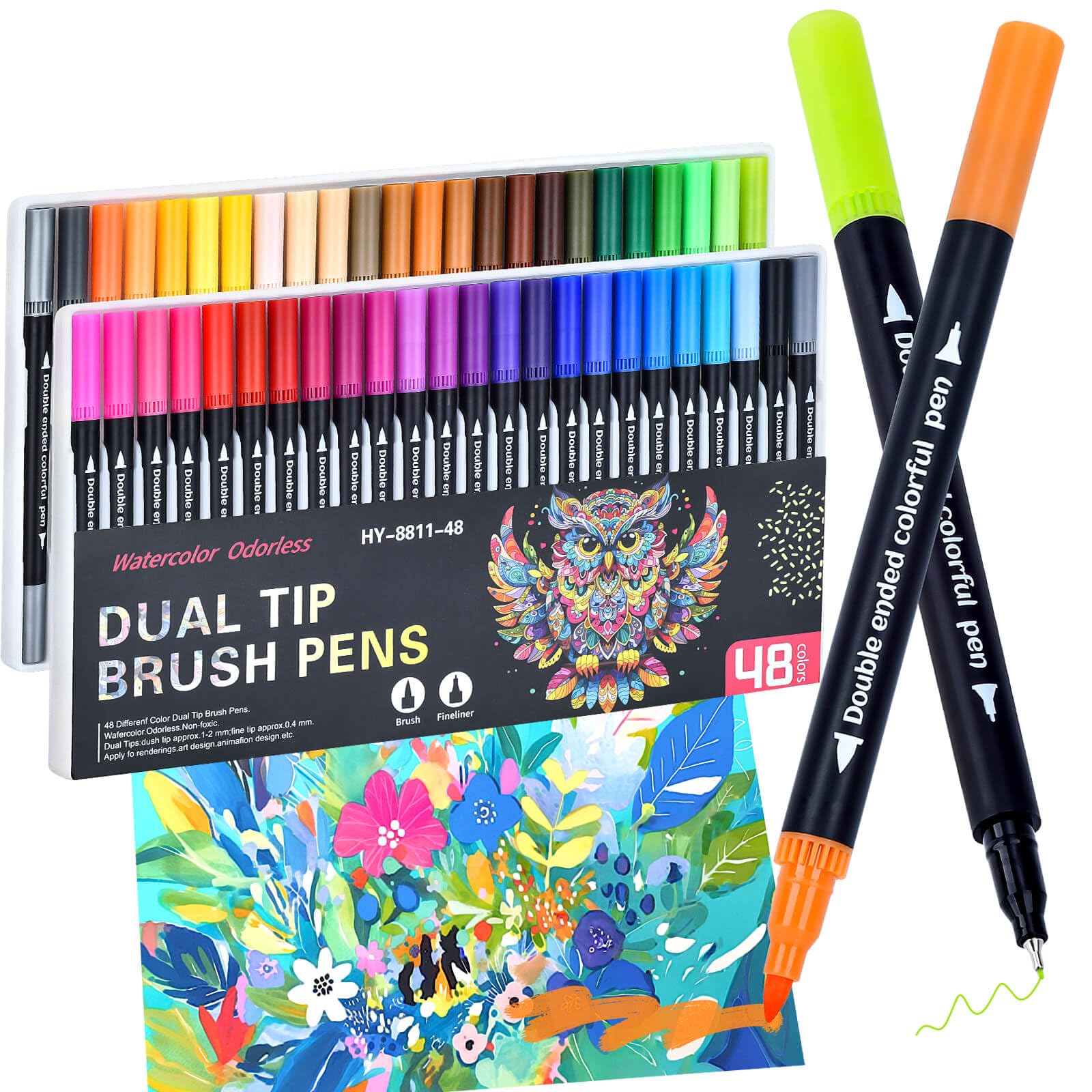 MIN CI 48 Colors Markers Dual Tip with Fine Tip and Brush Tip Pens for Adult Coloring Book