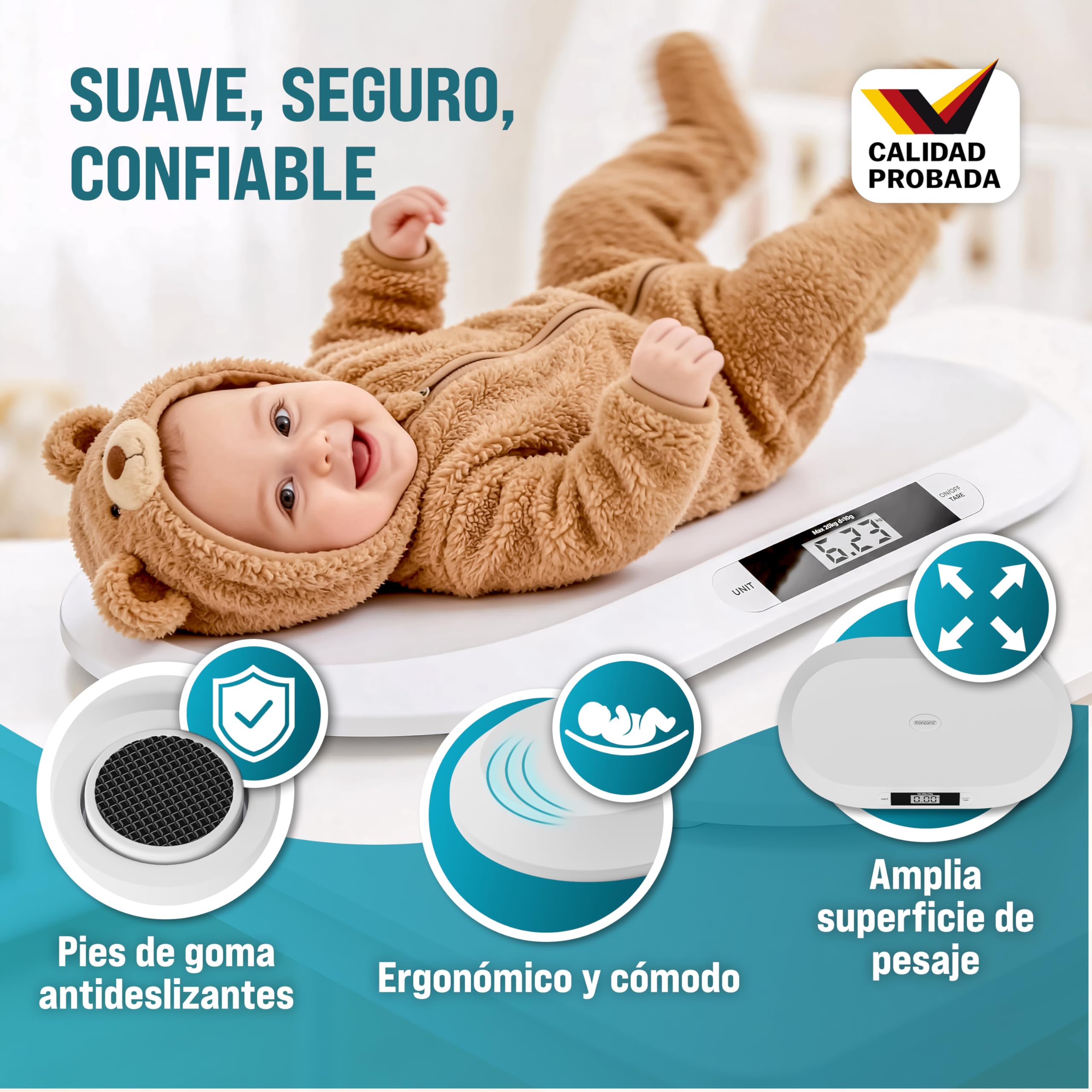 MONZANA® Báscula Bebé Digital hasta 20Kg Superficie Apoyo Amplia Segura Antideslizante Pantalla LED Apagado Automático Función Tara y Retención Recién Nacidos Mascotas Pequeñas