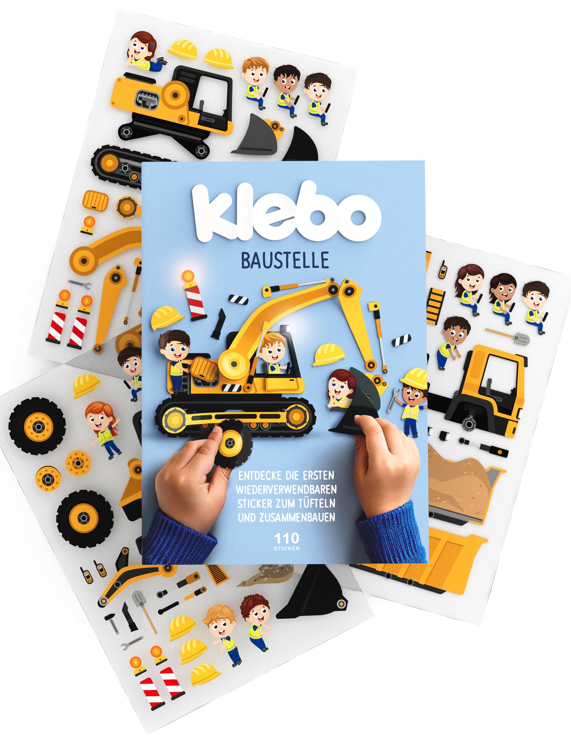 klebo - Baustelle - Das erste Stickerbuch für Kinder zum Tüfteln, Bauen & Kombinieren - Wiederverwendbares Stickerspiel - Screenfreier Spielspaß - Perfekt für Reisen, zuhause & als Geschenk
