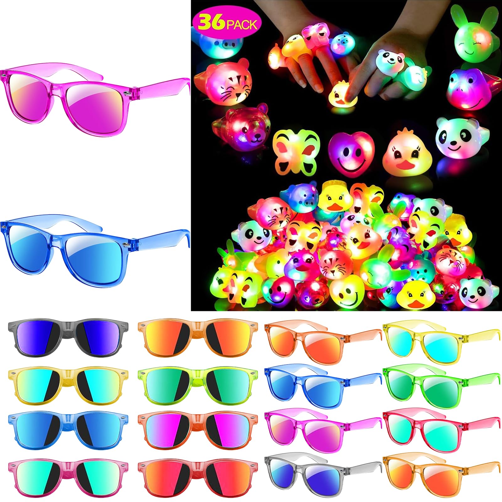 36 Pack LED Light Up Rings for Kids and 24Pack Kids Sunglasses Party Favors Glow in The Dark Graduation Party Supplies Beach Pool Party Favors