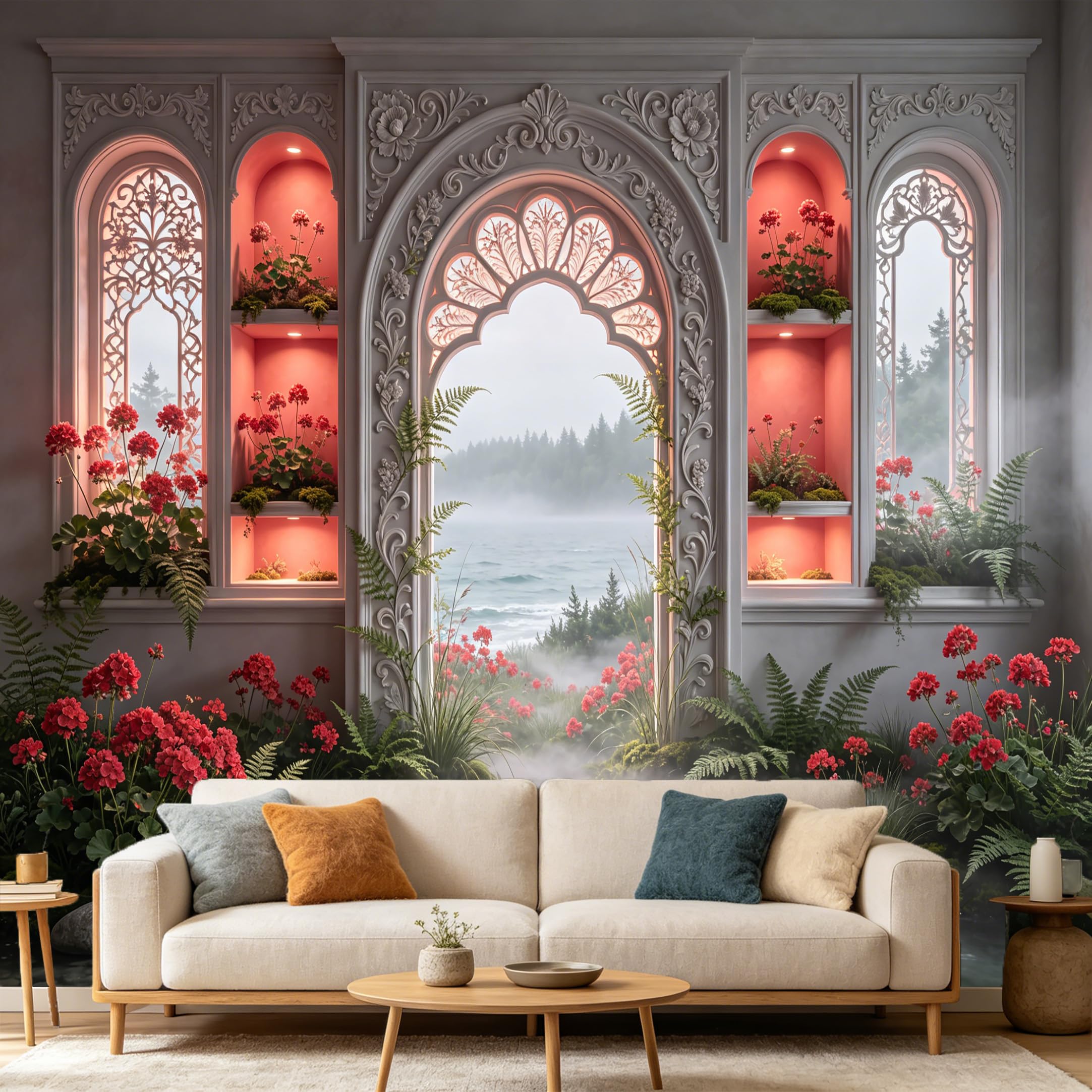 Custom Size Wall Mural， 3D Neoclassical Archway Misty Lake Forest Red Floral Botanical， SelfAdhesive Art Prints wall Fabric Removable Large Wallpaper Home Living Room Decor