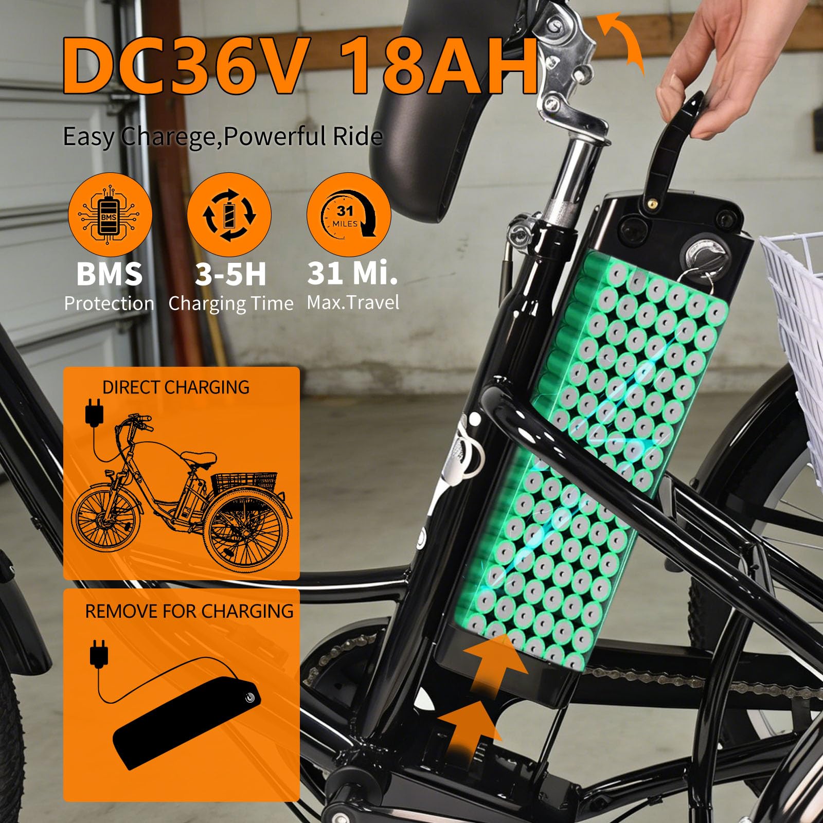 Triciclo elettrico da 24 pollici per adulti, 3 ruote, 7 marce, con cestino per la spesa, con display LCD G51, 36 V, 18 Ah, triciclo per anziani, per esterni, per il tempo libero