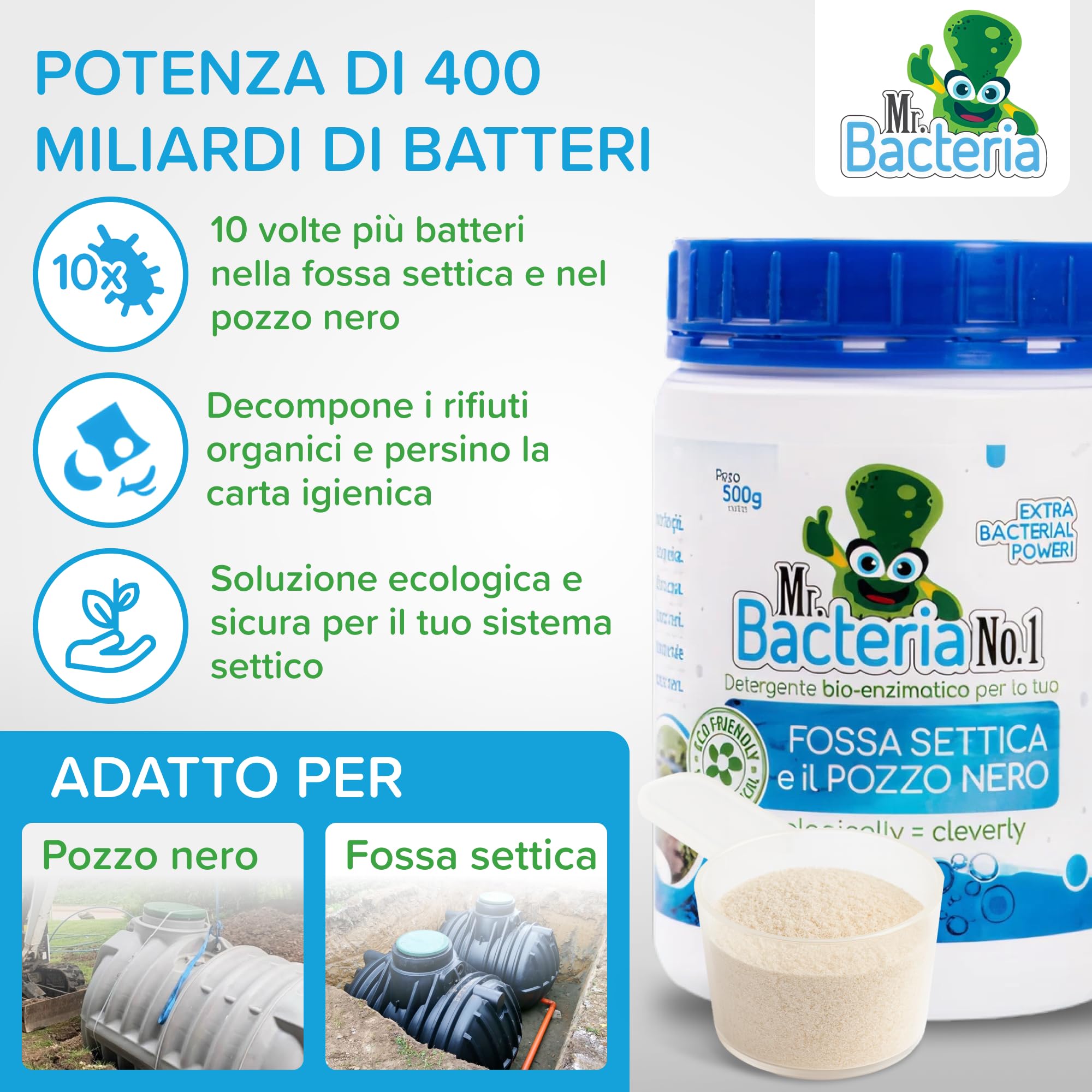 Mr. Bacteria No.1 Attivatore bio-Enzimatico per Fosse Settiche e Biologiche, Attivatore Trattamento e Pulizia Batteri per Fossa Biologica, Attivatore biologico per pozzi neri 500g (1)