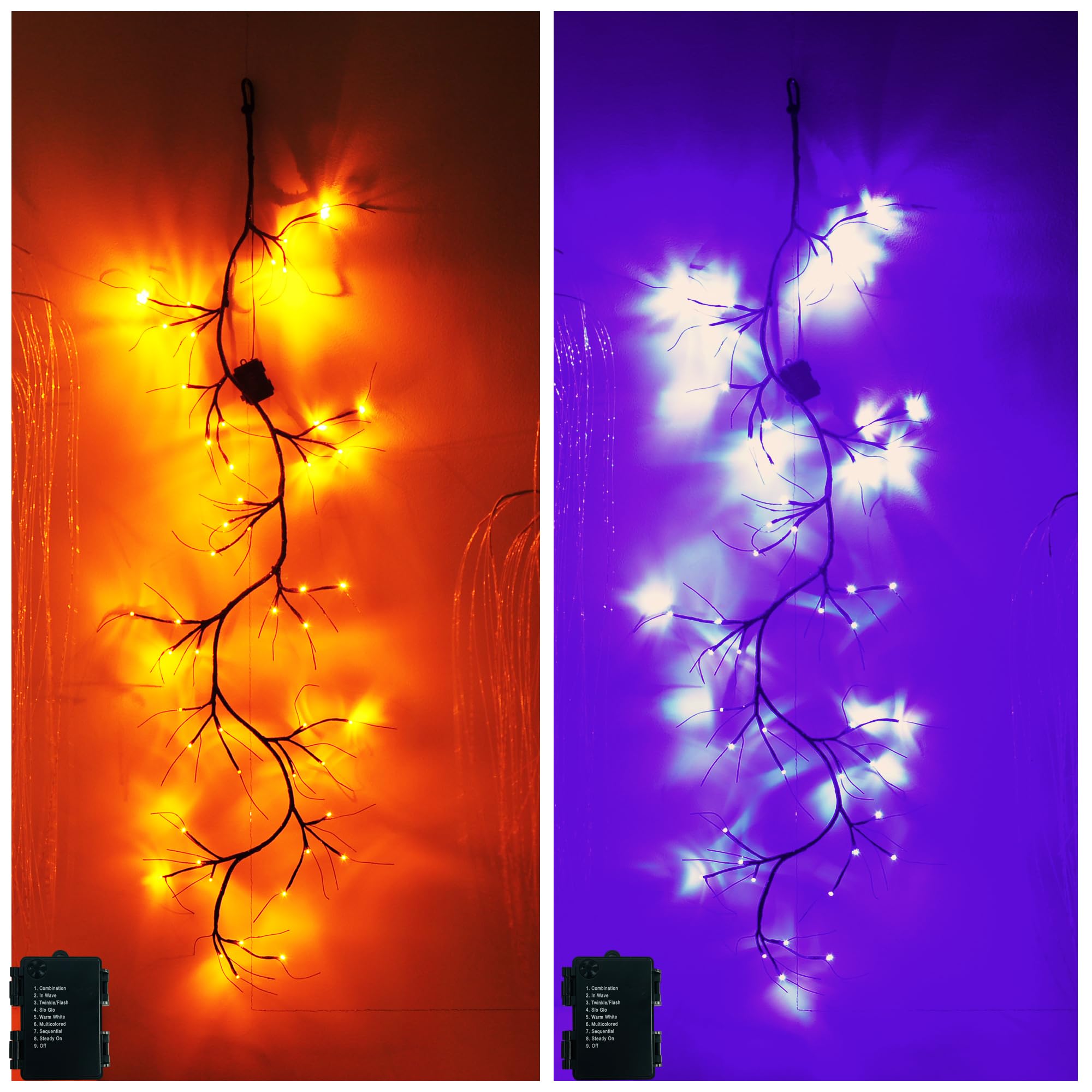 Orange and Purple Garland Lights 8 Functions 48 LED Fairy Lights, Lighted Black Garland Battery Operated for Christmas Home Decor Inside Outdoor (Orange-Branch)