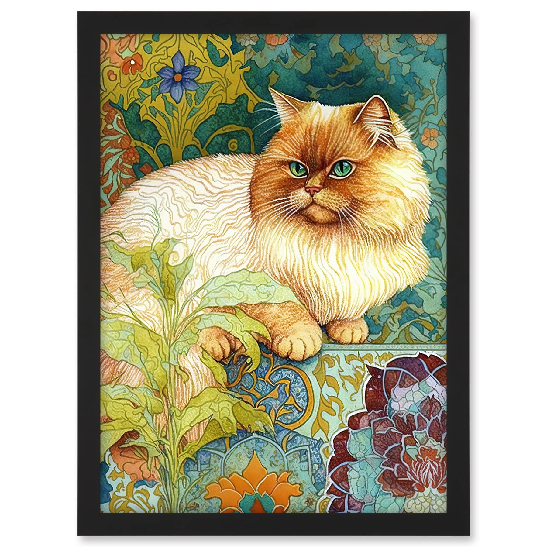 Artery8 Orange Persian Cat William Morris Inspired Floral Pattern Colourful Modern Illustration Artwork Framed A3 Wall Art Print